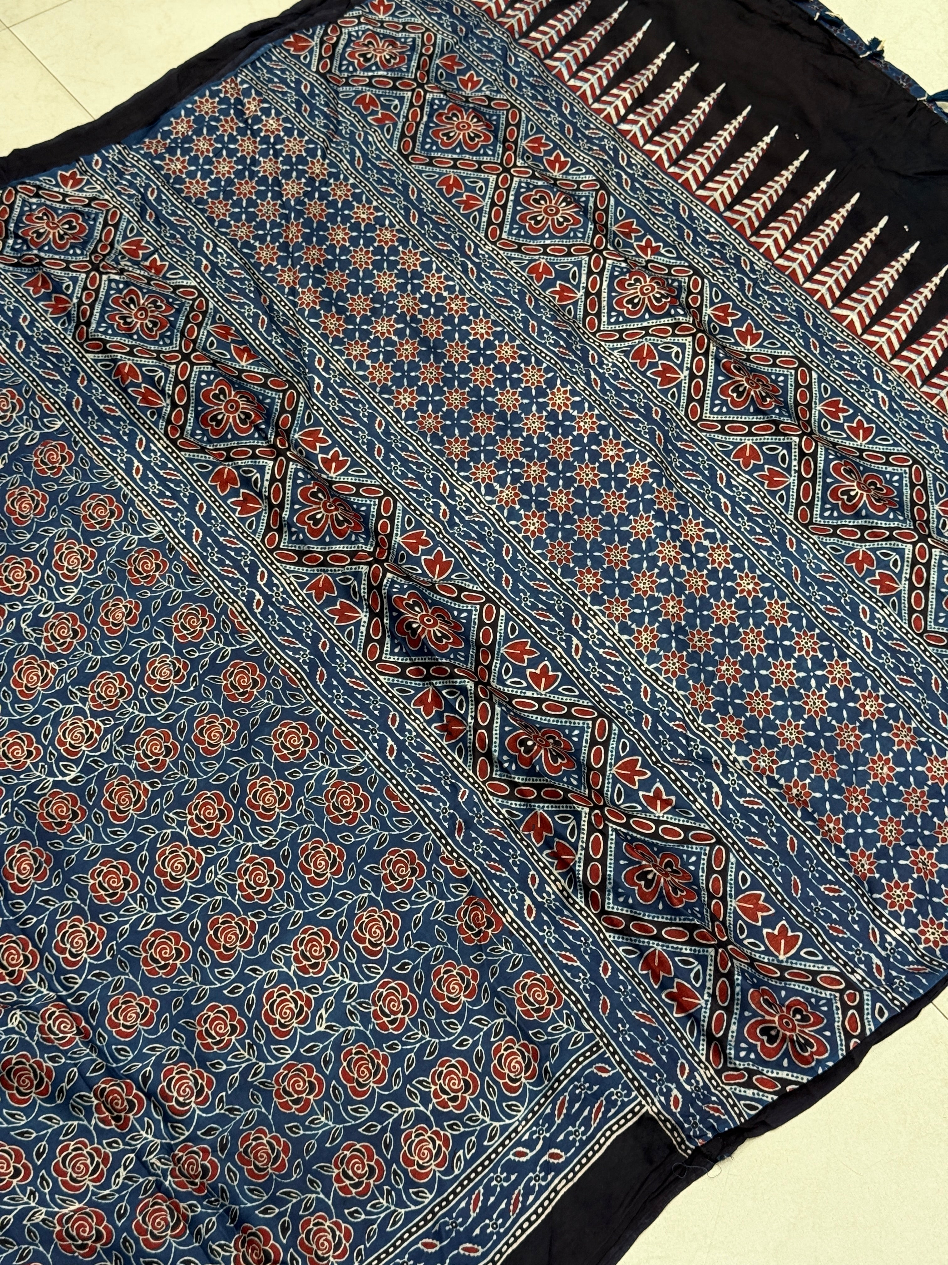 Blue Rose Ajrakh Hand Block Print Pure Gajji Silk Saree