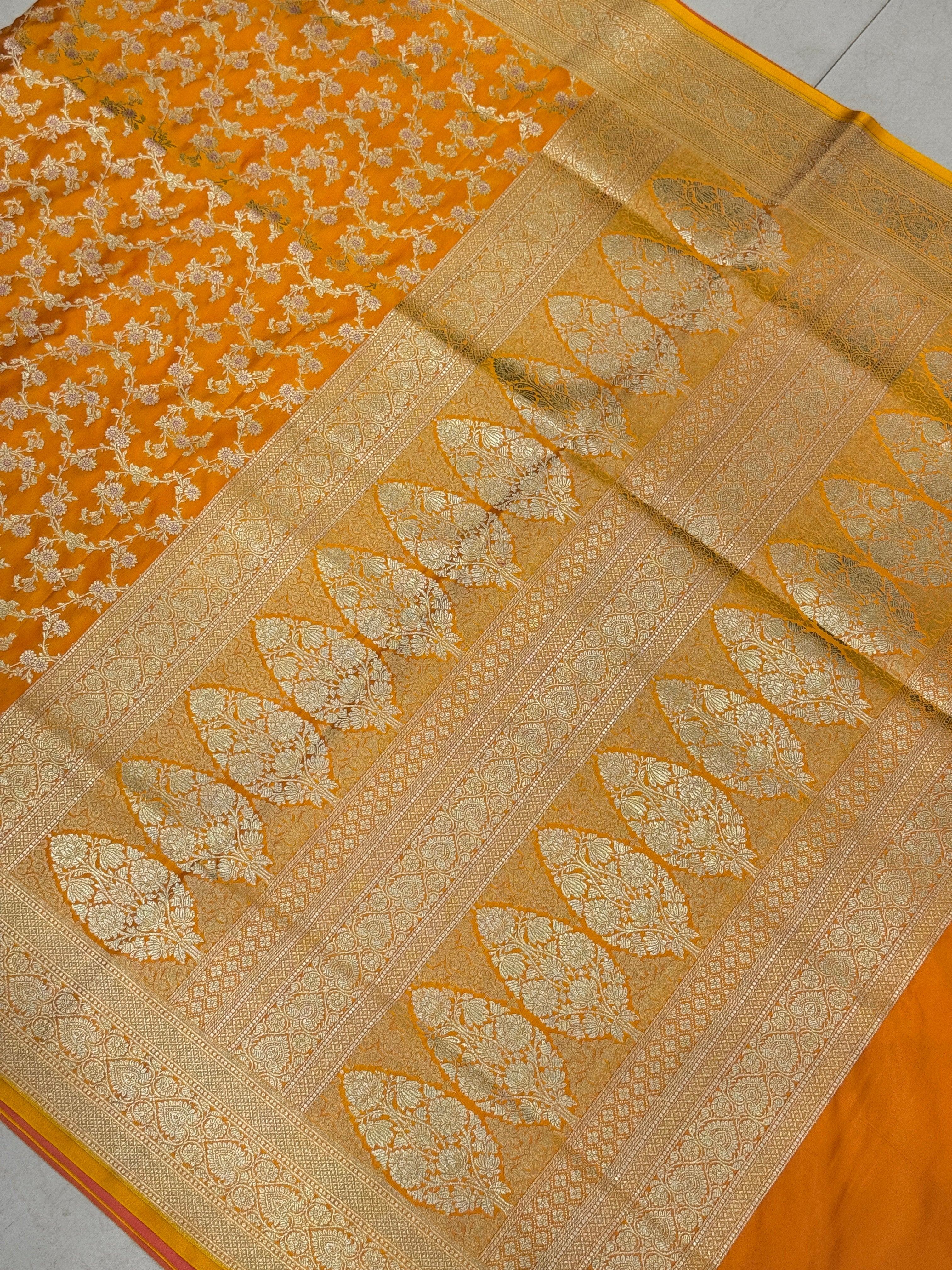 Mango Yellow Banarasi Silk Heart Border Saree