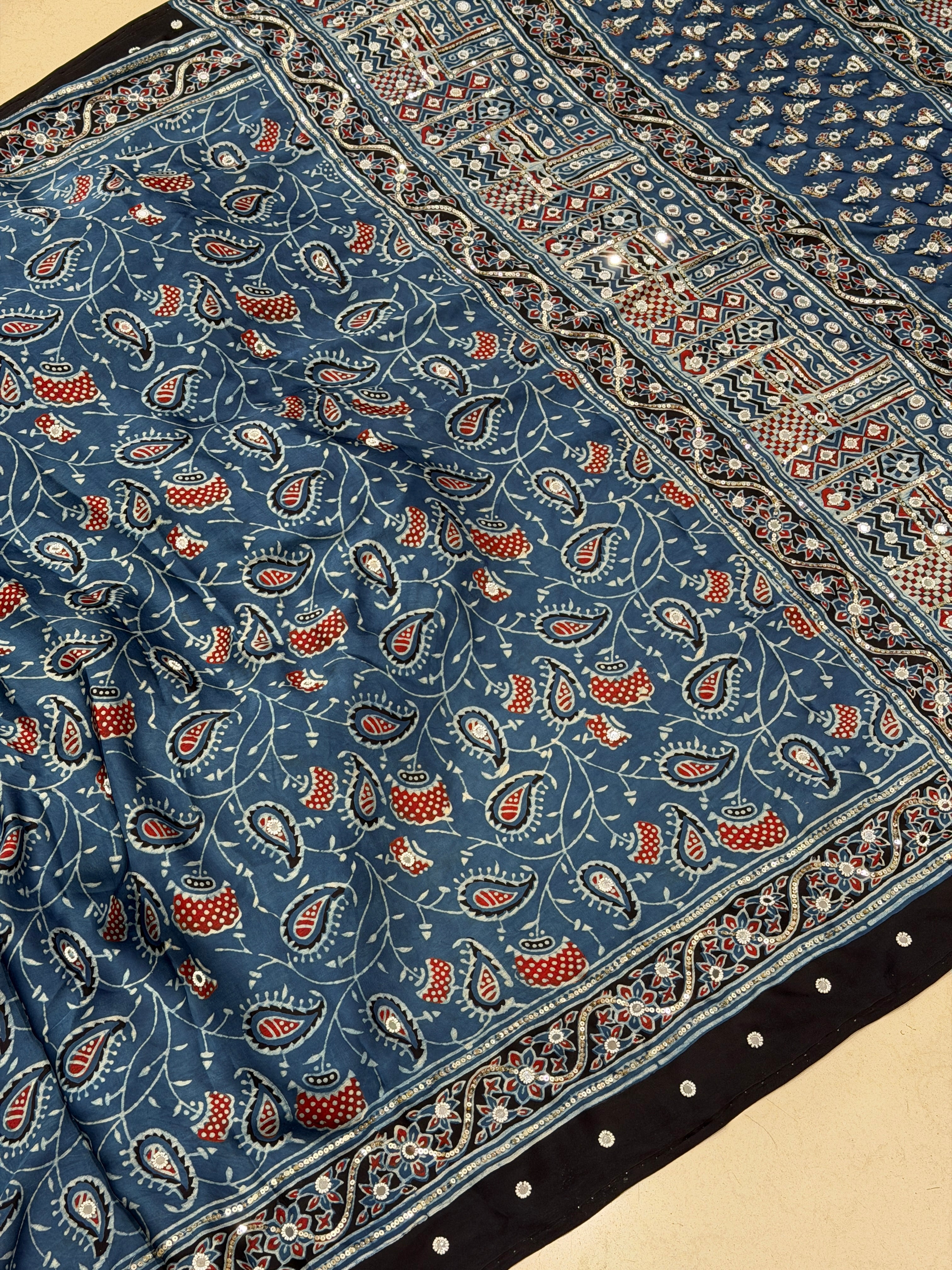Blue Ajrakh Jaal Real Mirror Moti Sequin Hand Embroidery Saree