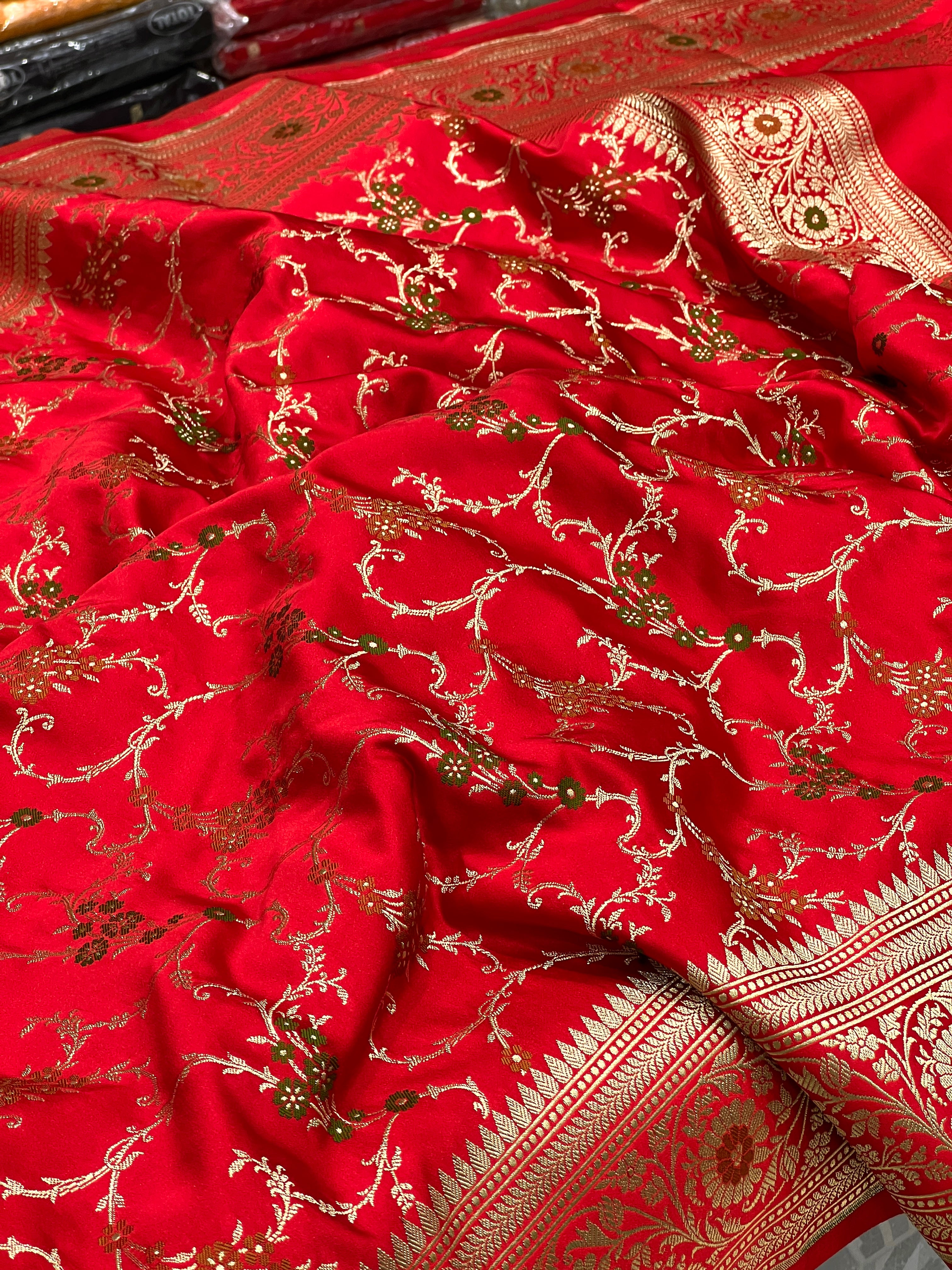 Red Banarasi Silk Jaal Meenakari Saree