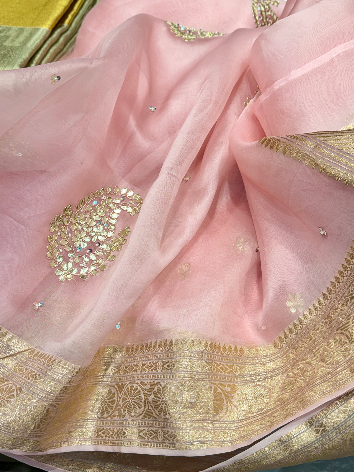 Pink Banarasi Kora Hand Embroidery Gotapatti Butta Saree