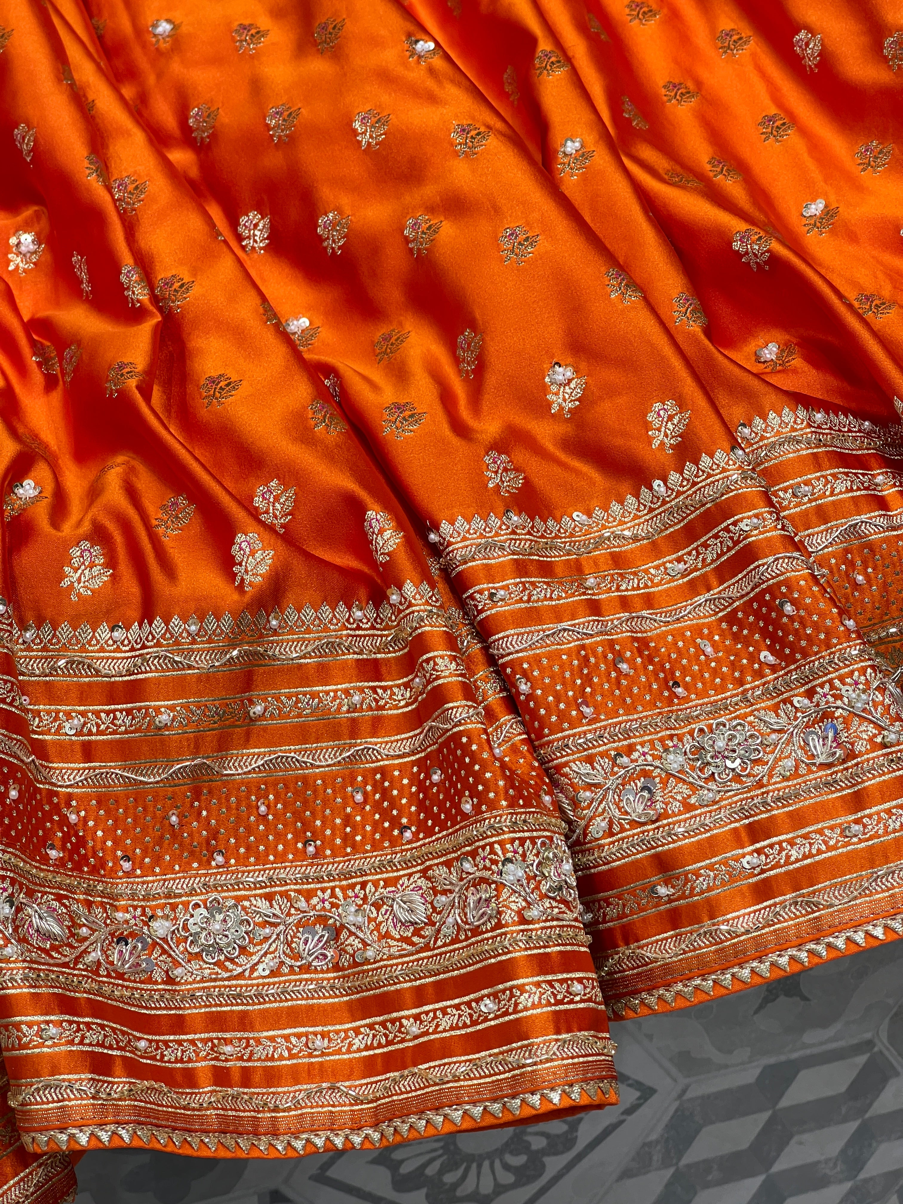 Orange Banarasi Silk Hand Embroidery Saree
