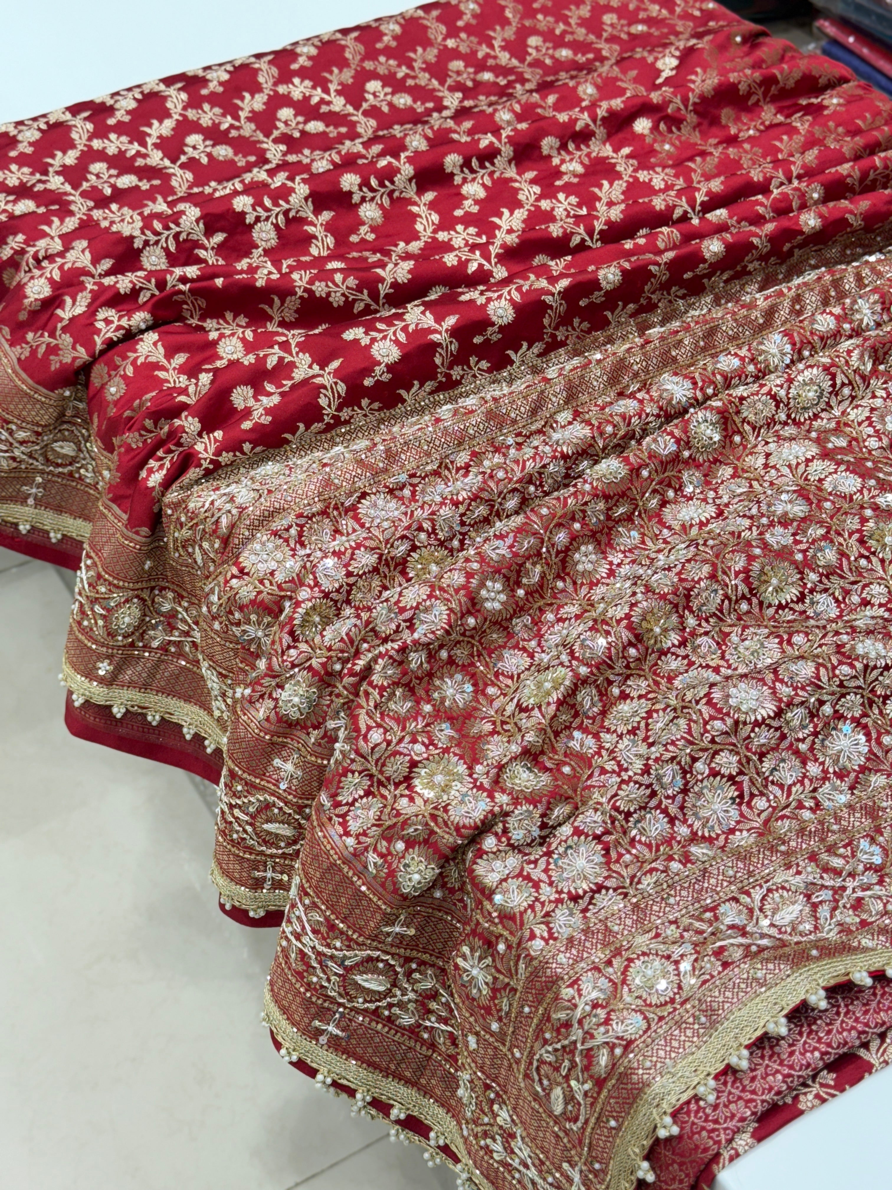 Maroon Banarasi Silk Flower Border Hand Embroidery Saree