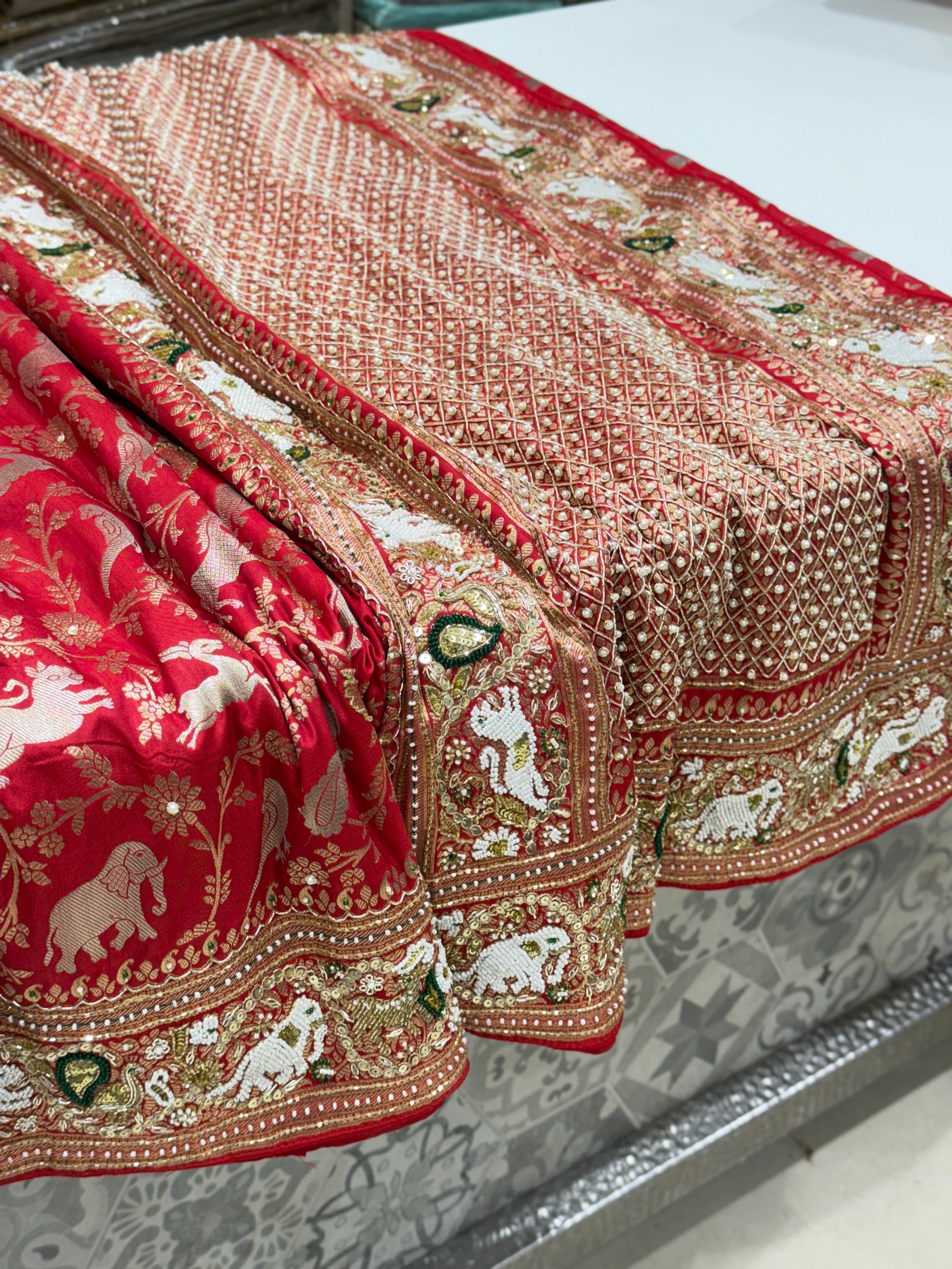 Red Banarasi Shikara Moti Embroidery