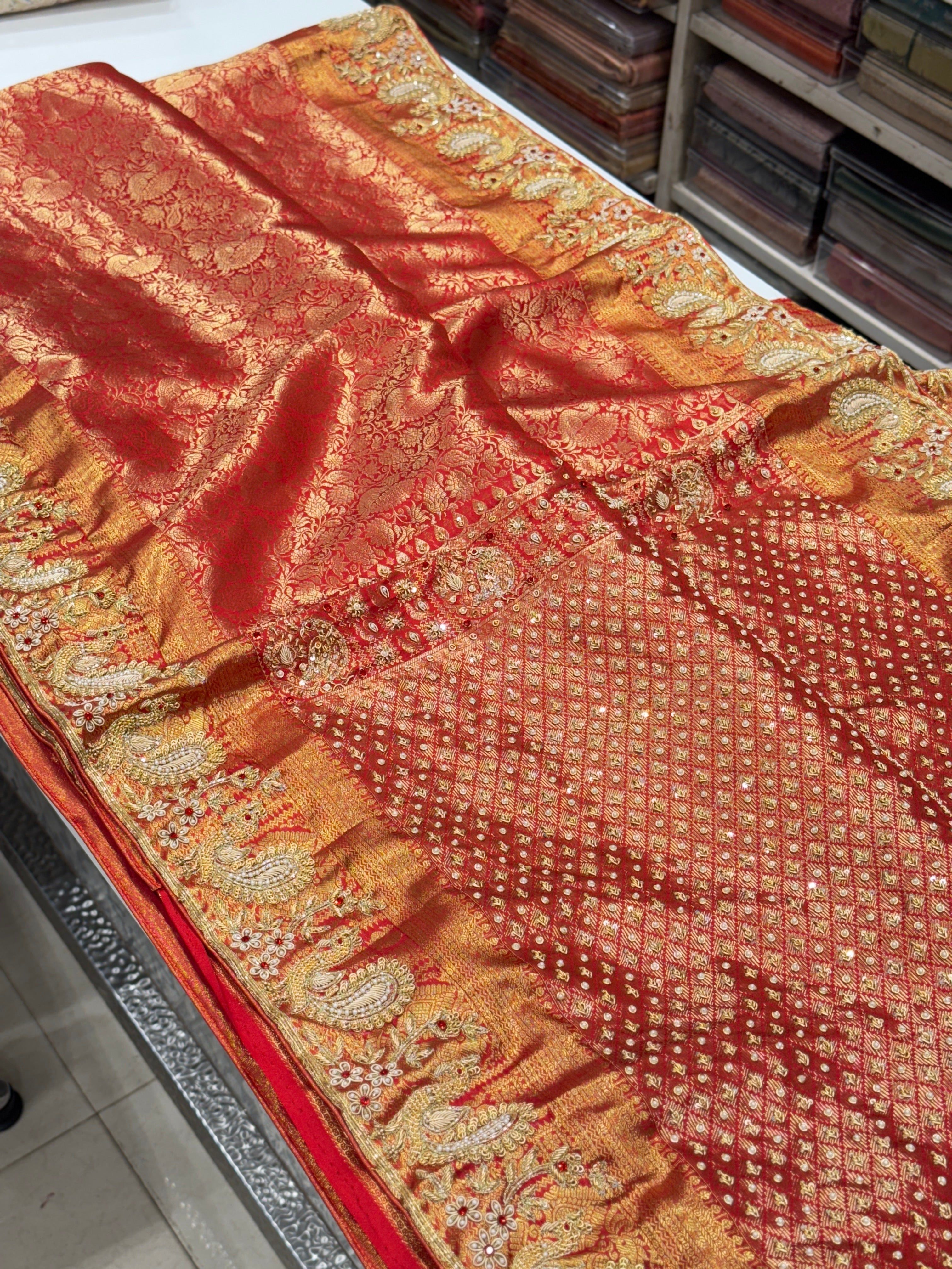 Red Kanjivaram Peacock Motif Zardozi Hand Embroidery Saree