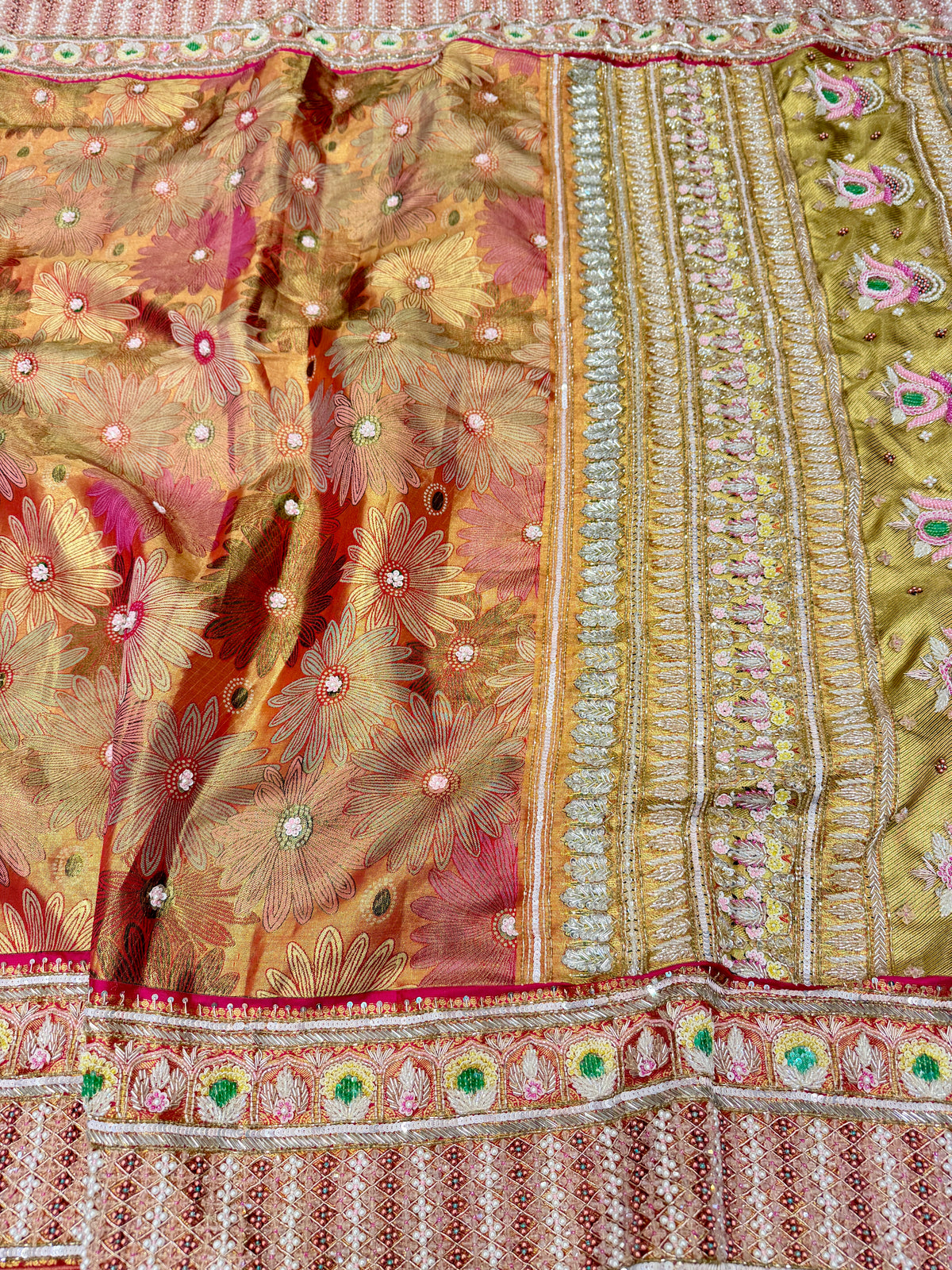 Red Floral Contrast Meenakari Tissue Kanjivaram Zardosi Hand Embroidery Saree