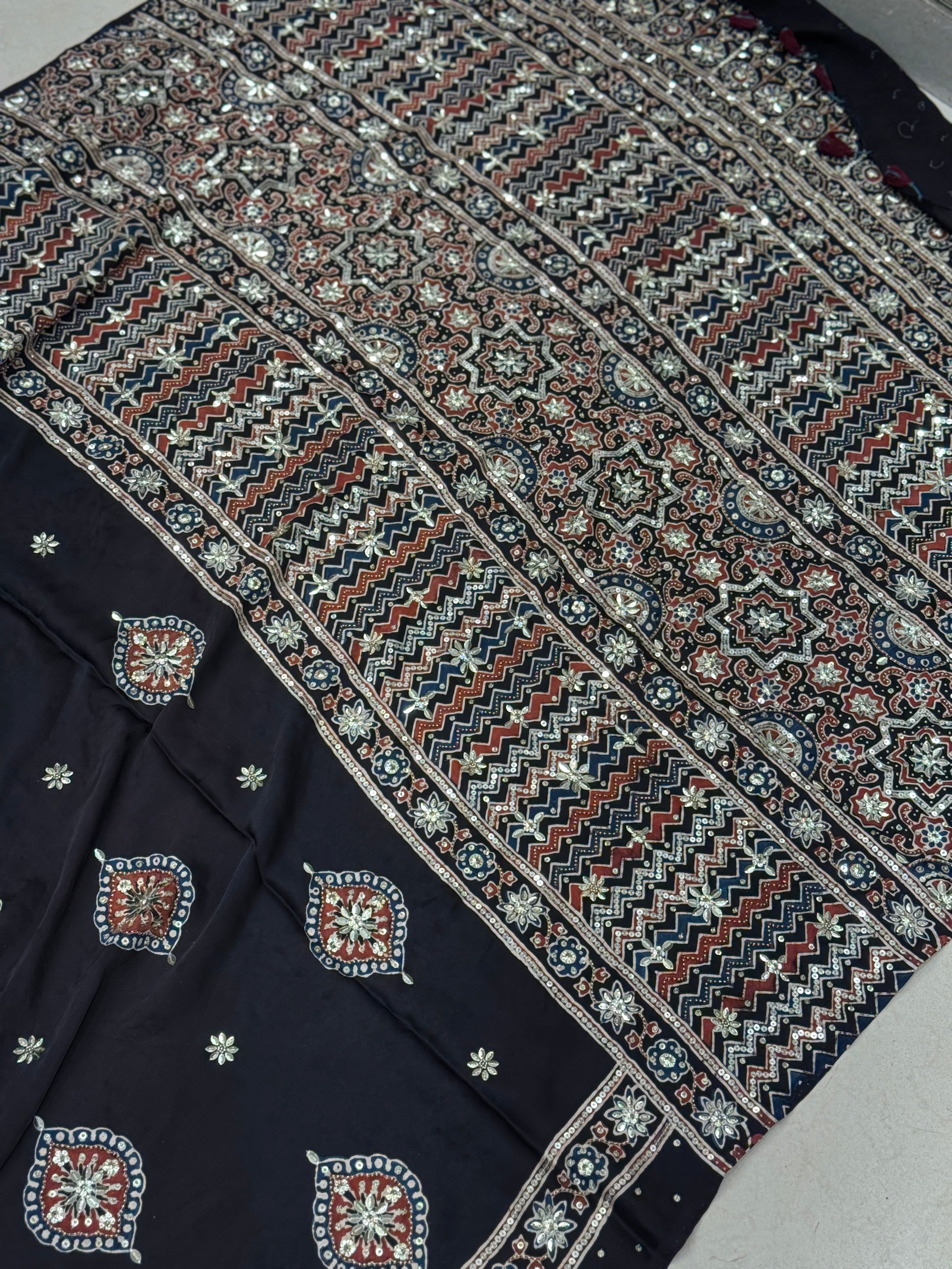 Black Ajrakh Badam Butta Moti Sequin Ajrakh Hand Embroidery Saree