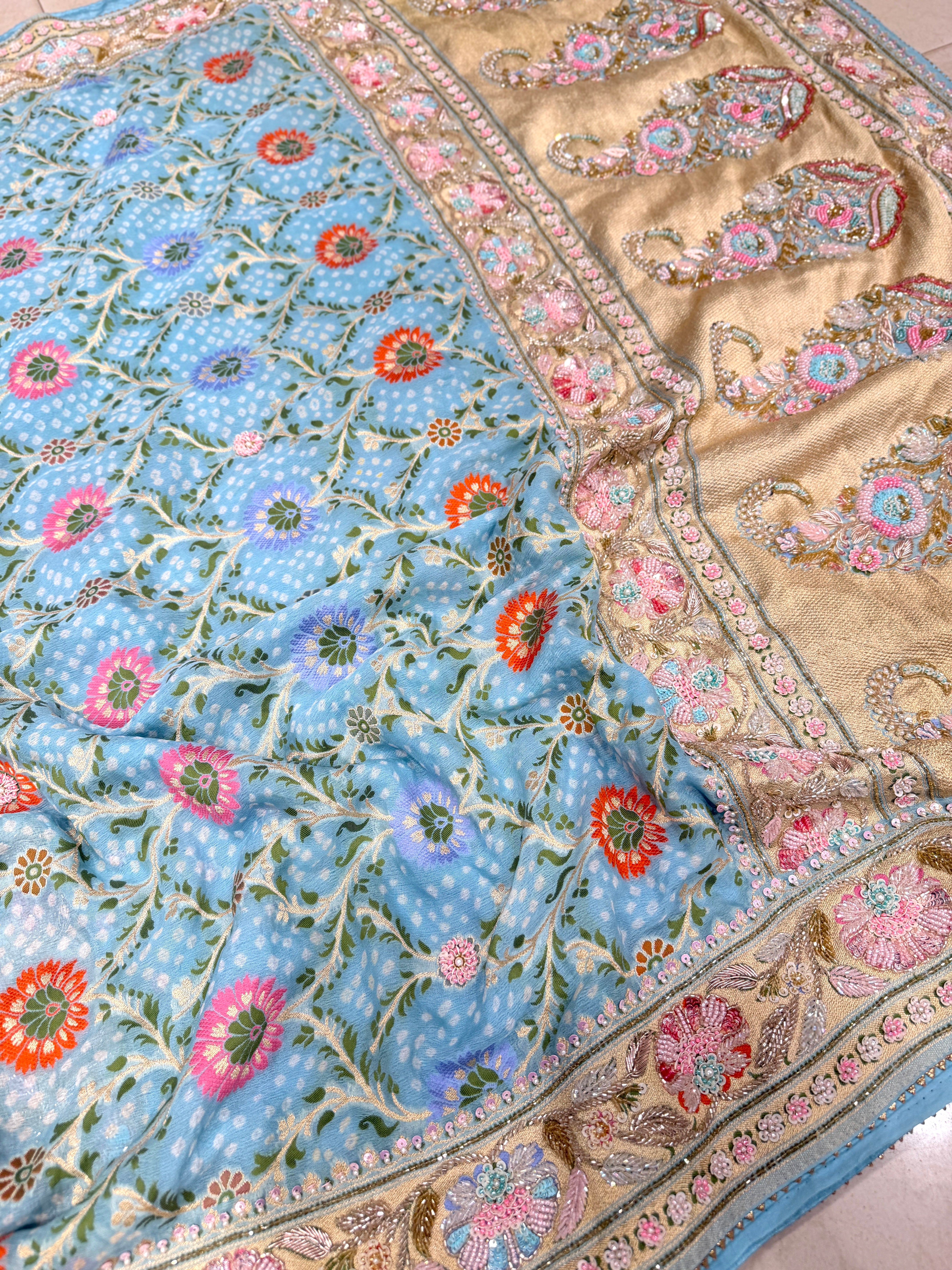 Pastel Blue Meenakari Bandhej Zardodi Kidiya Moti Hand Embroidery Saree