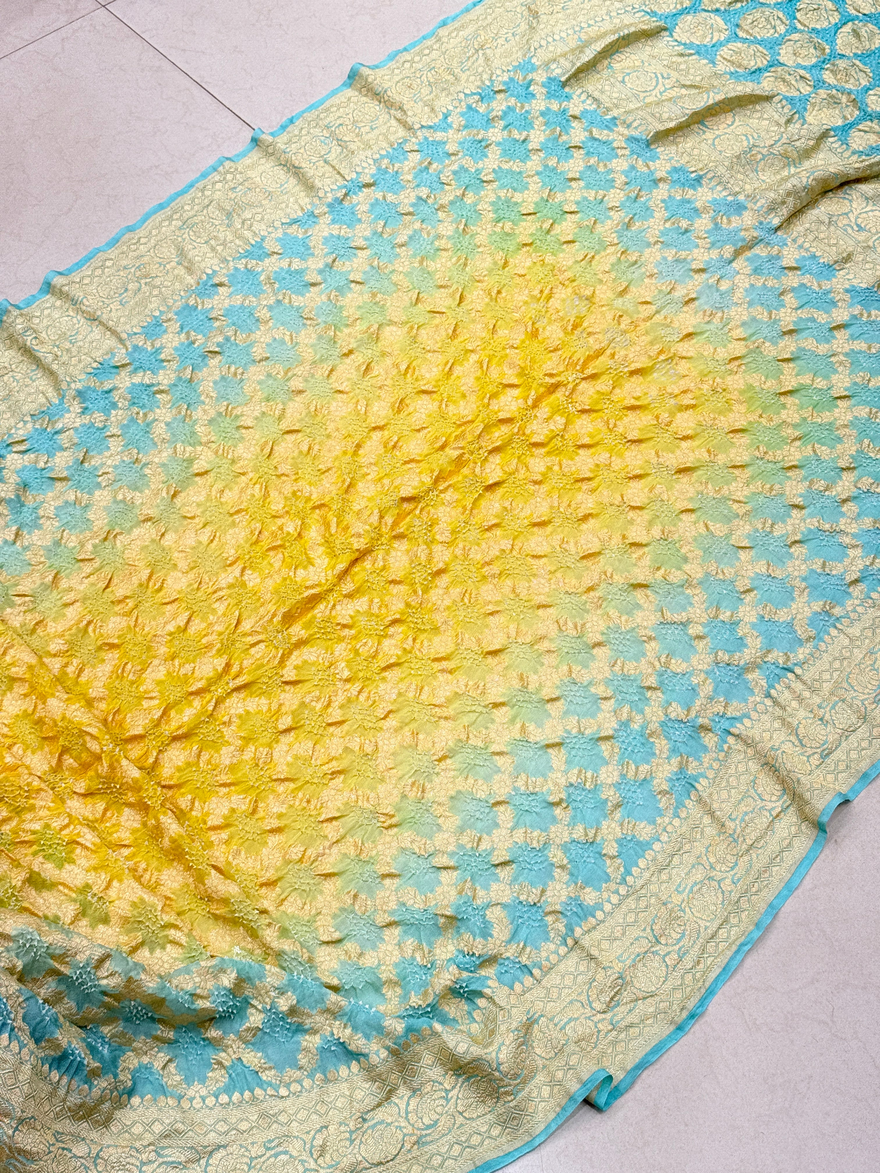 Light Blue Yellow Shaded Bandhej Bandhini Saree