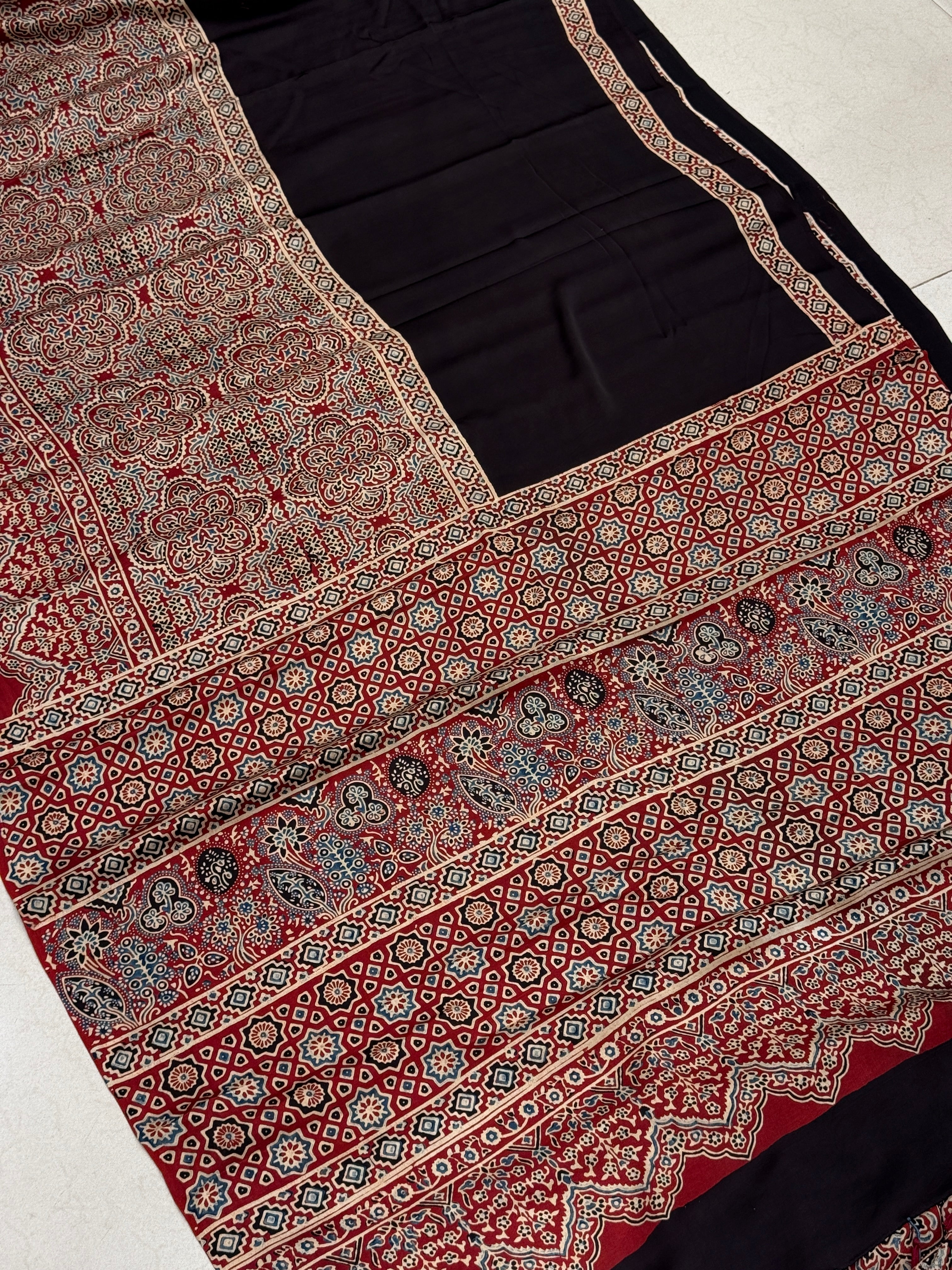 Red Black Jewelled Half Ajrakh Modal Gajji Silk Saree