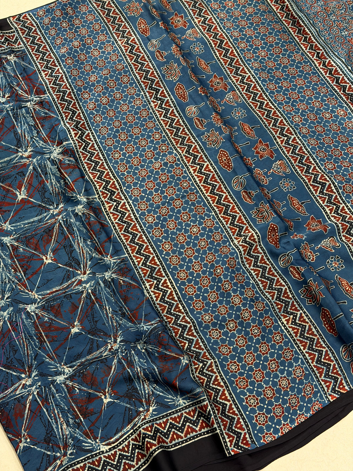 Blue Abstract Ajrakh Hand Block Print Pure Gajji Silk Saree