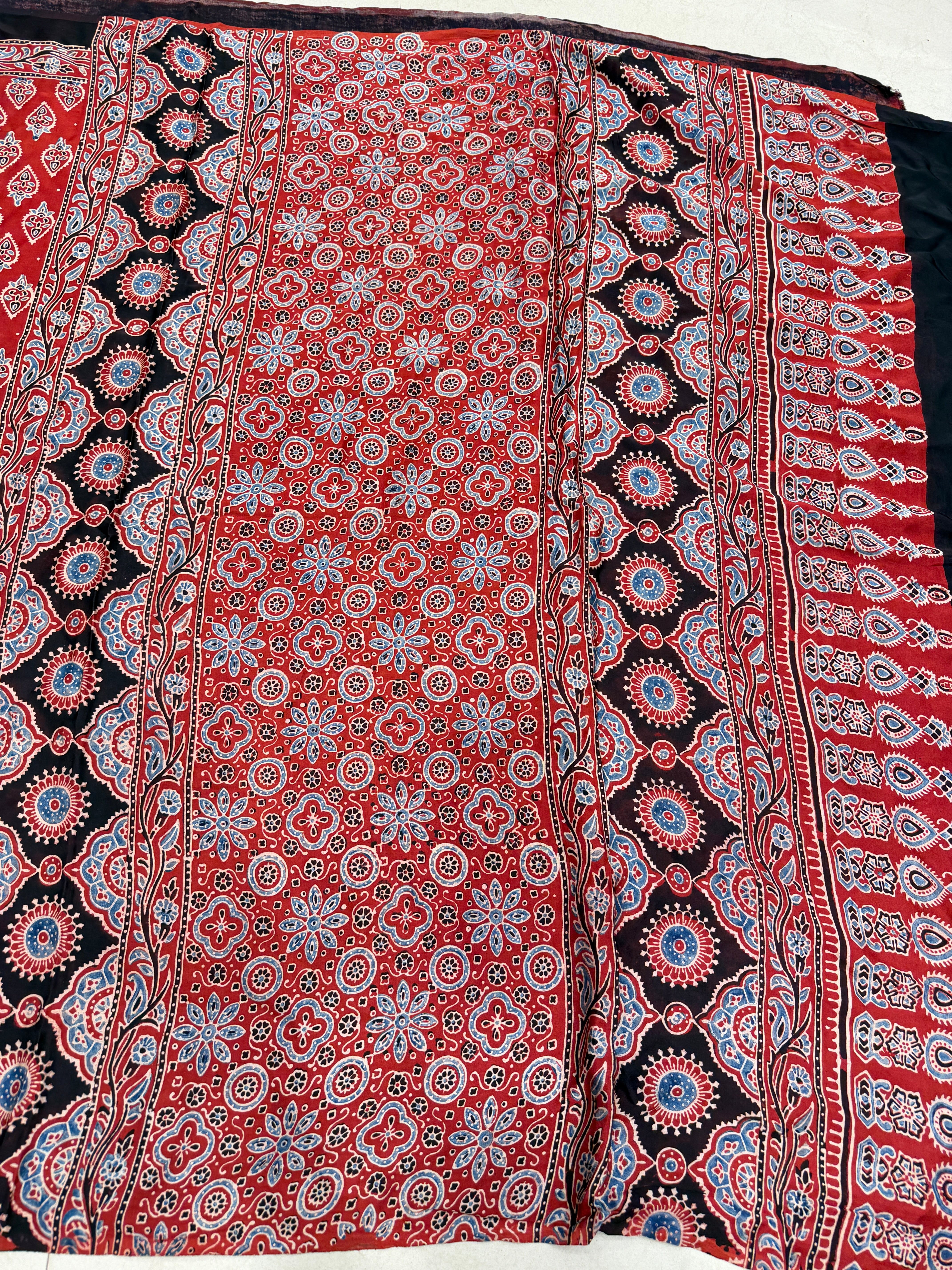 Red Keri Buttis Ajrakh Hand Block Print Pure Gajji Silk Saree