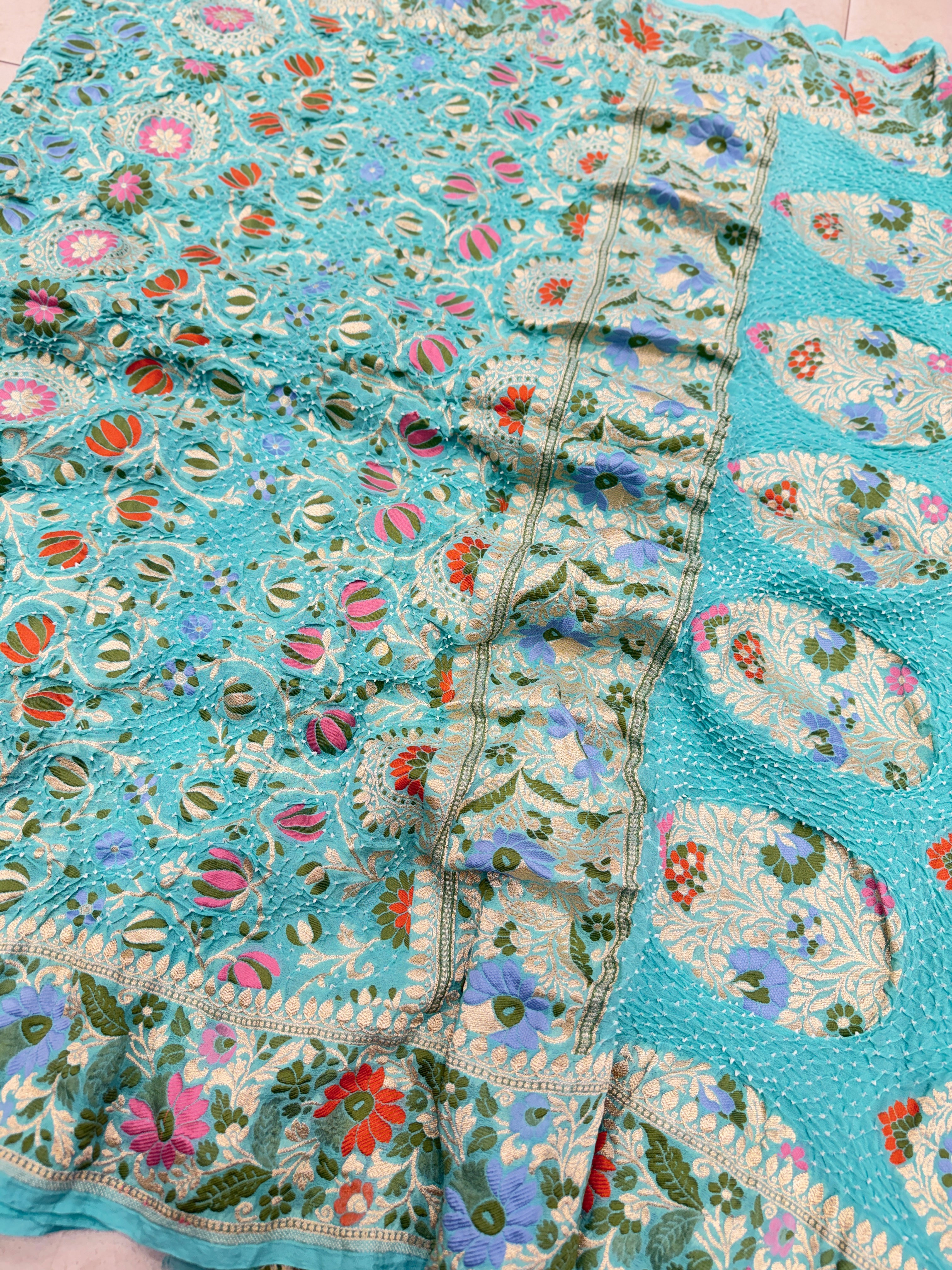 Turquoise Meenakari Jaal Pure Handloom Georgette Bandhej Georgette Saree