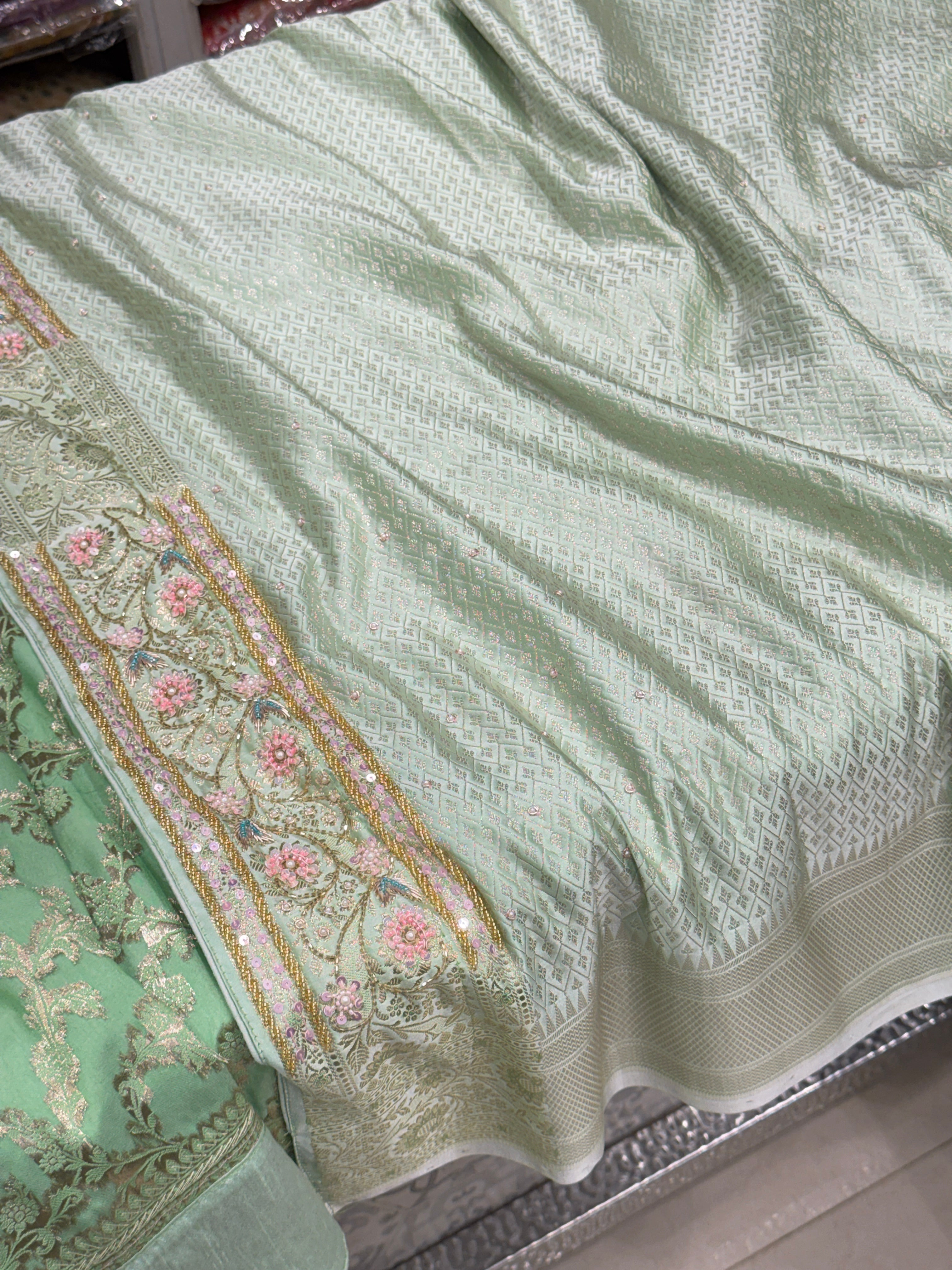 Green Banarasi Upside Down Border Fancy Hand Embroidery Saree