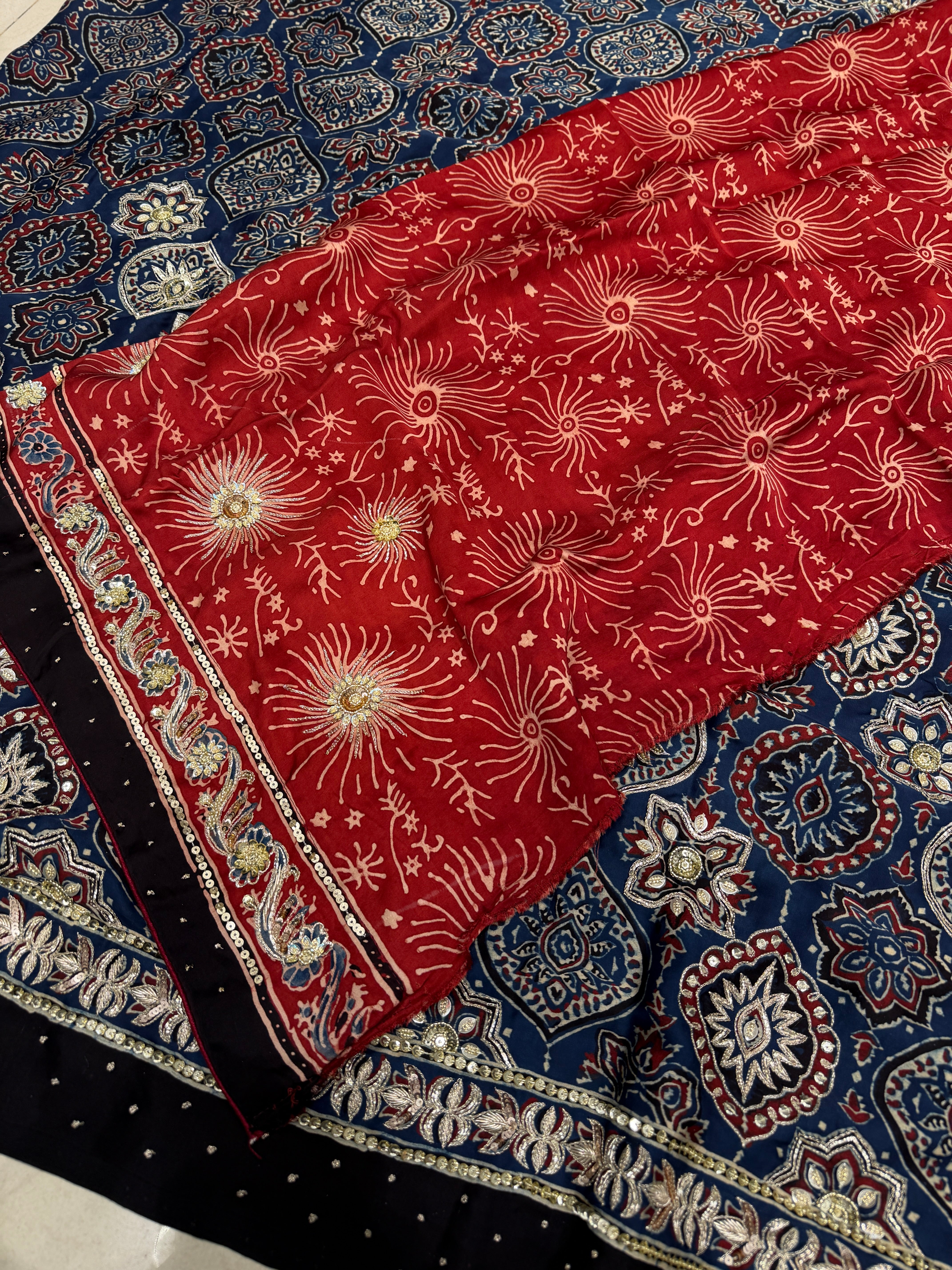 Blue Red Badam Butta Pita Zardosi Sequin Ajrakh Hand Embroidery Saree