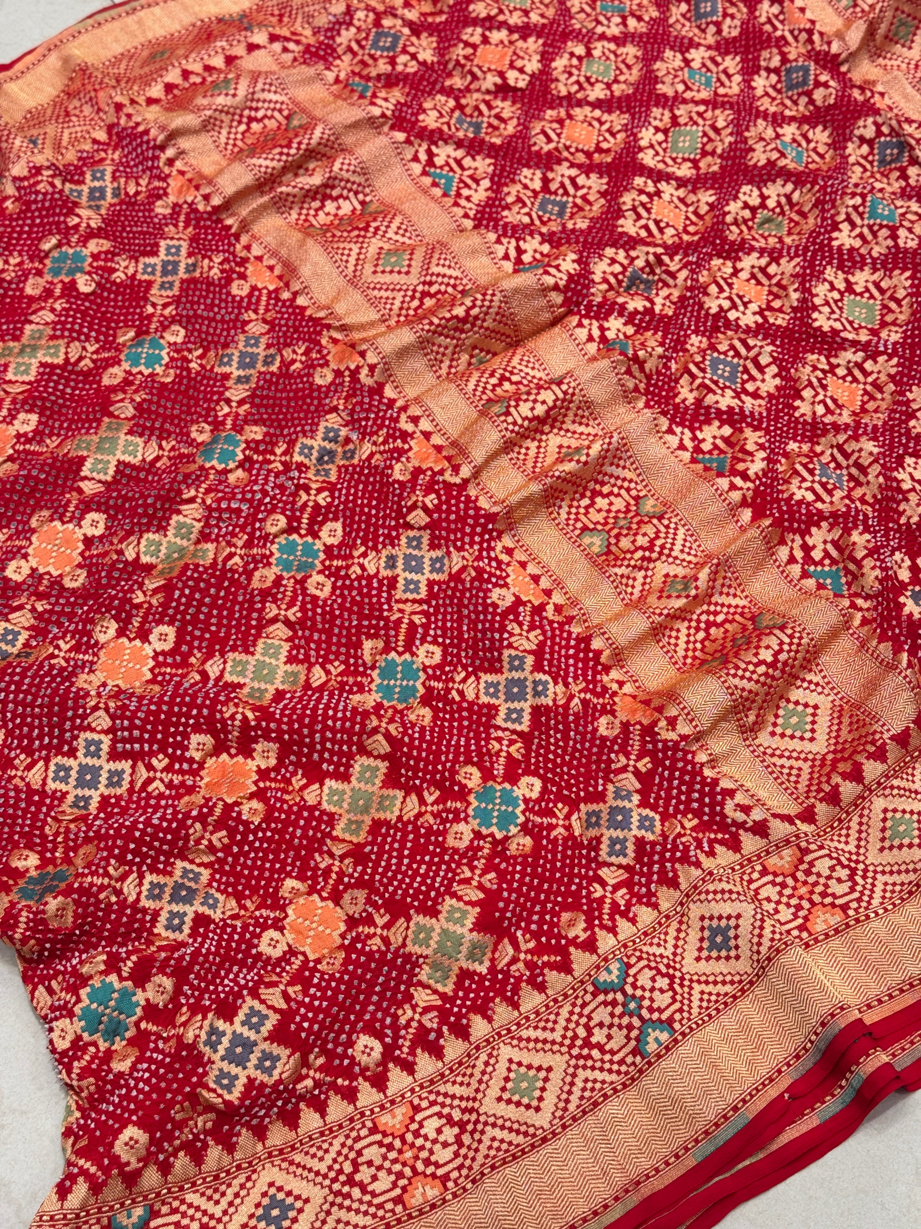 Red Handloom Meenakari Bandhej Bandhini Saree Patola Weave