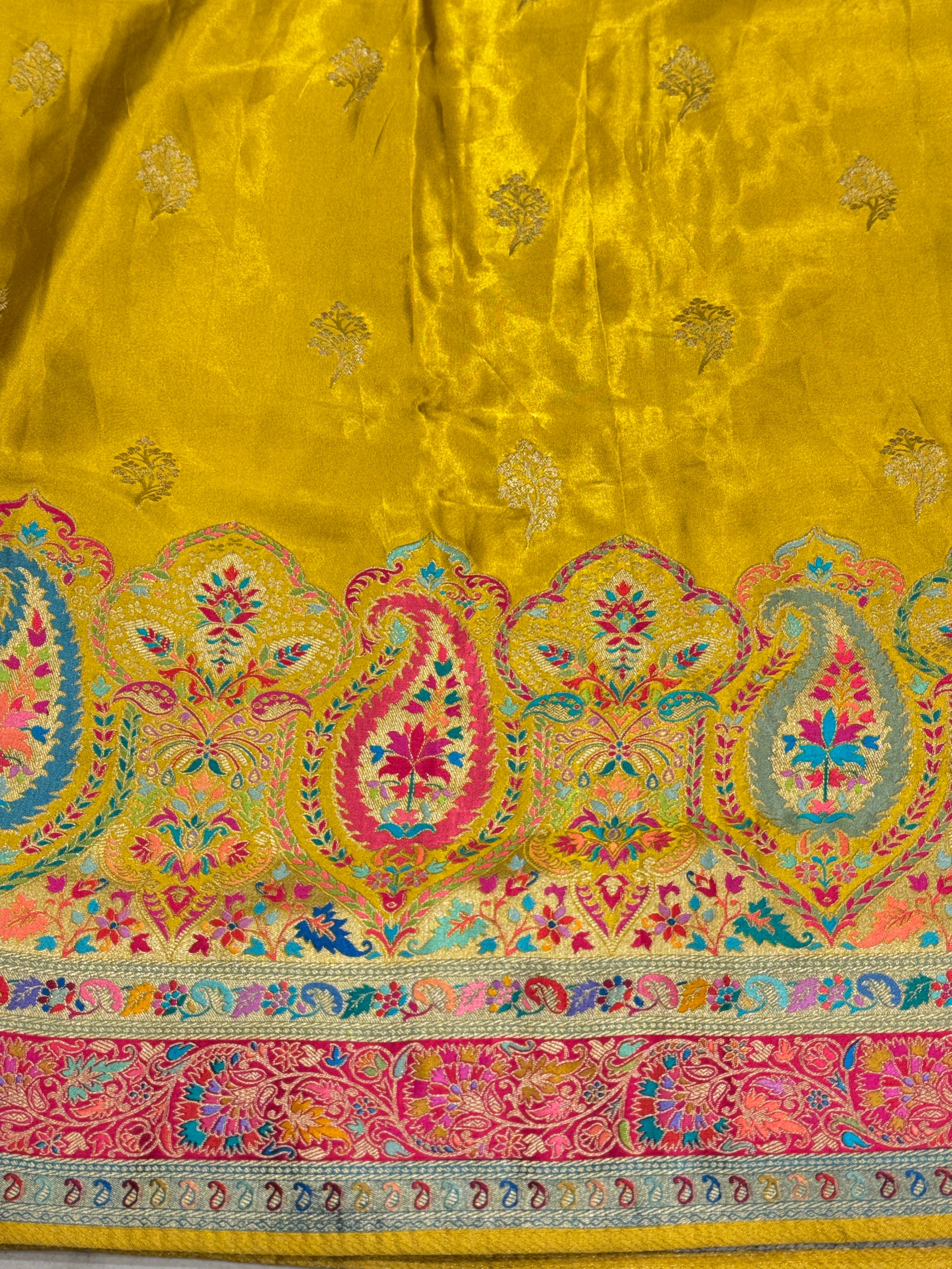 Yellow Banarasi Modal Satin Saree Pashmina Style Border