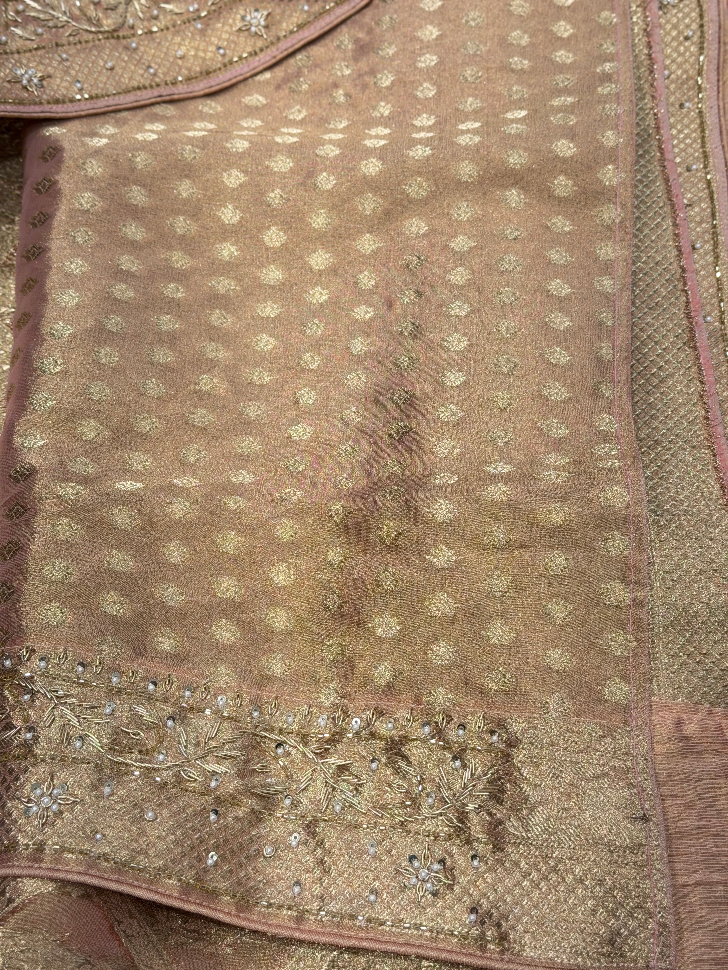 Nude Pink Crown Jaal Banarasi Zardosi Embroidery Saree