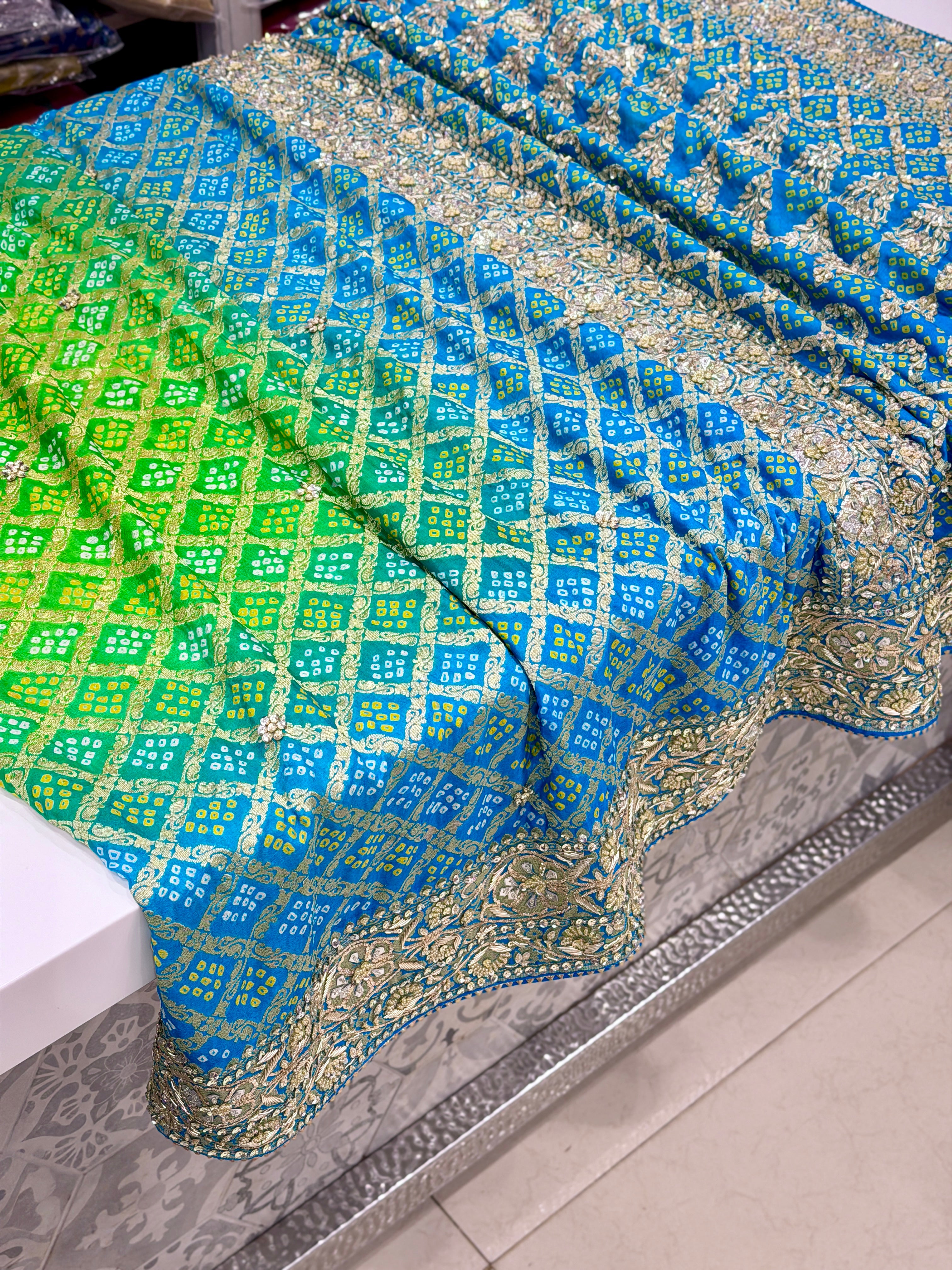 Green Shaded Bandhej Zardosi Pita Hand Embroidery Saree