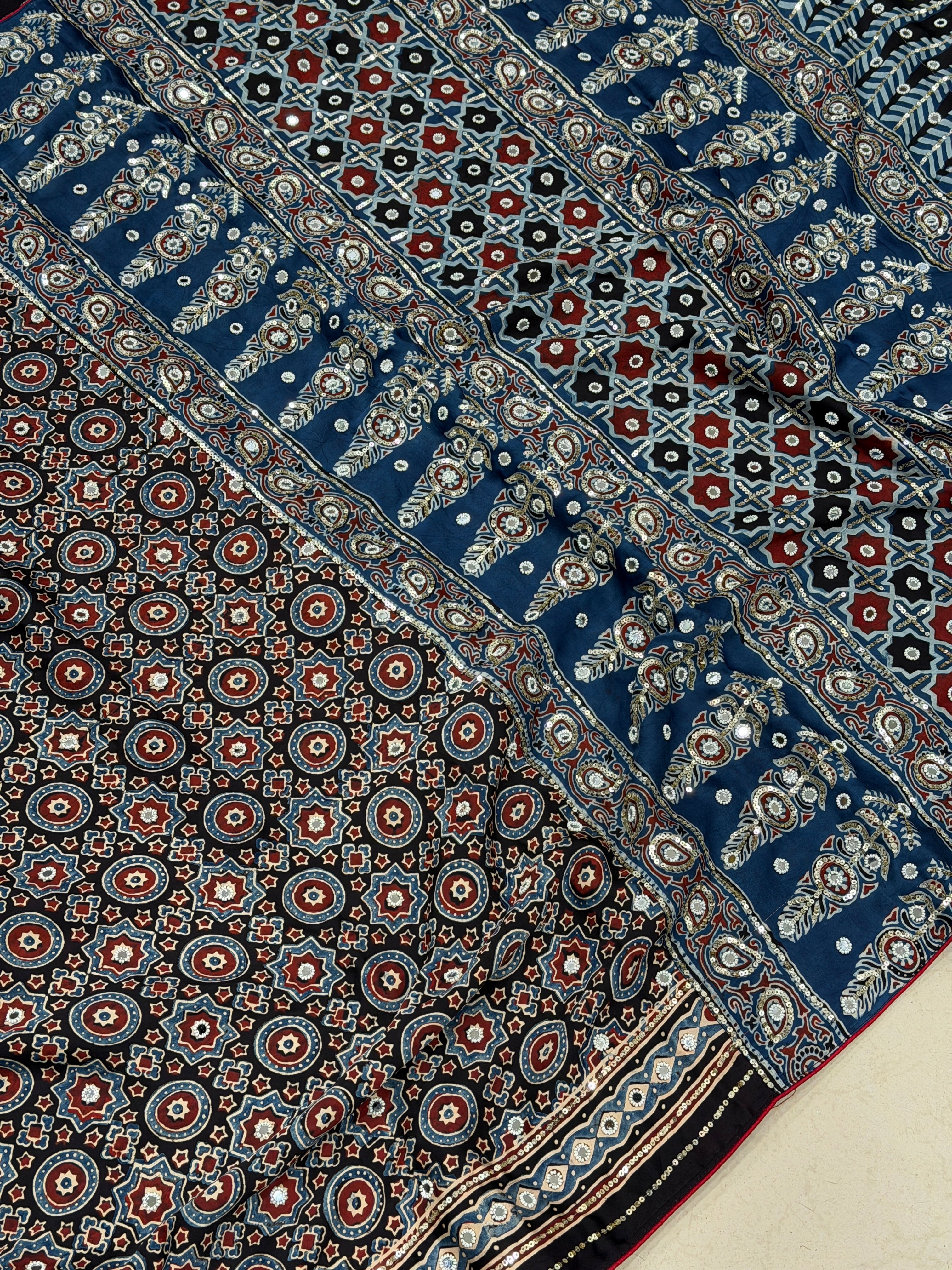 Blue Black Ajrakh Jaal Real Mirror Moti Sequin Hand Embroidery Saree