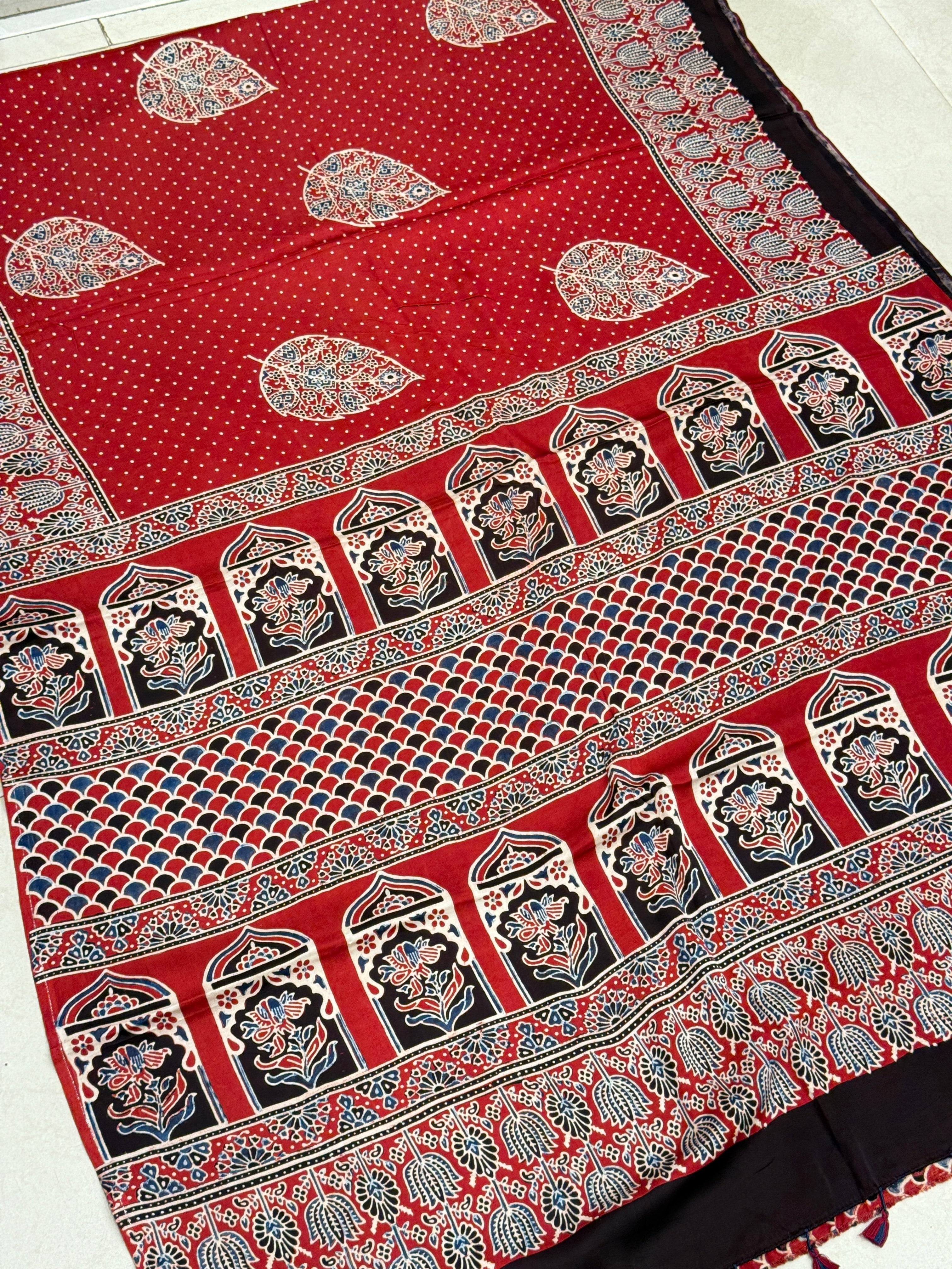 Red Butti Leaf Modal Gajji Silk Handblock Print Ajrakh Saree