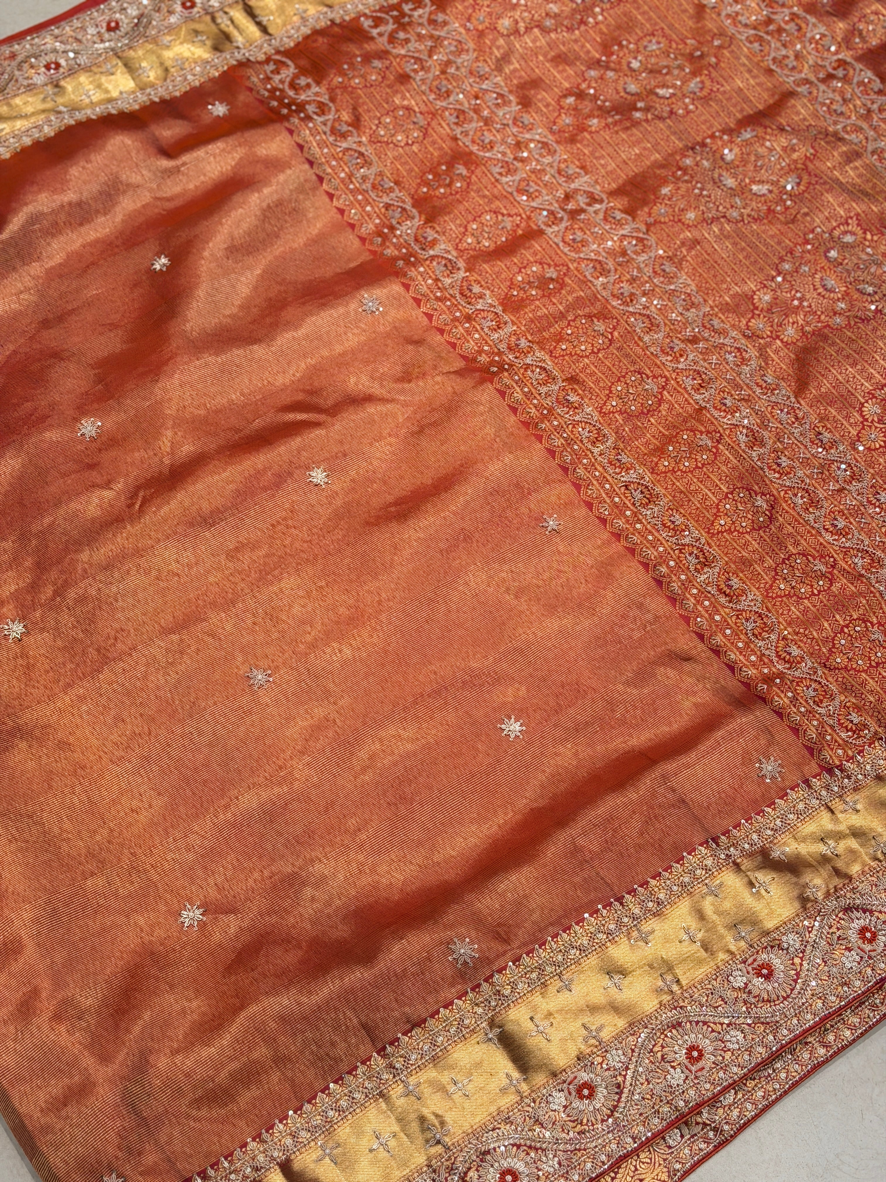 Rust Orange Kanjivaram Hand Embroidery Zardosi Saree