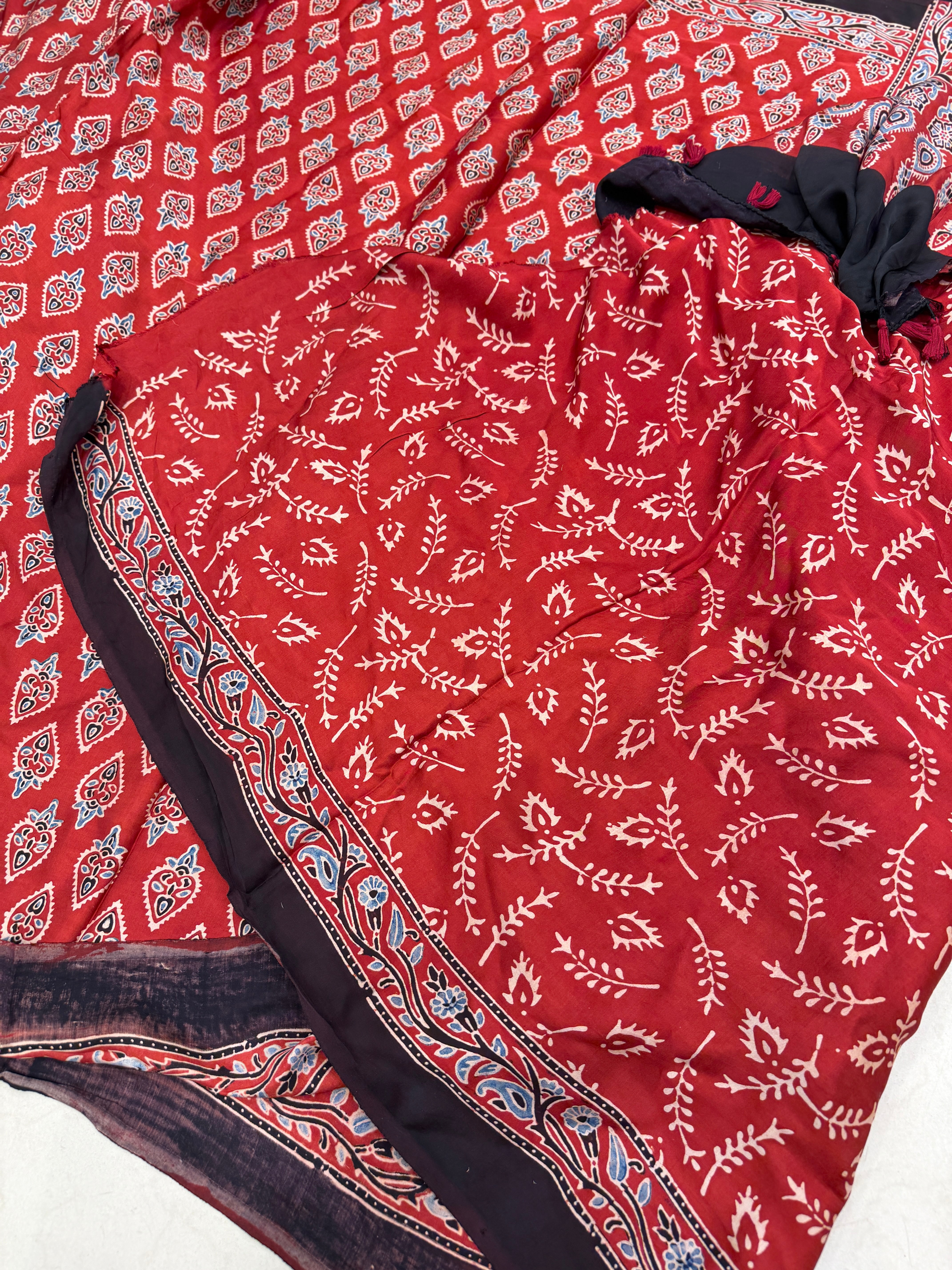 Red Keri Buttis Ajrakh Hand Block Print Pure Gajji Silk Saree