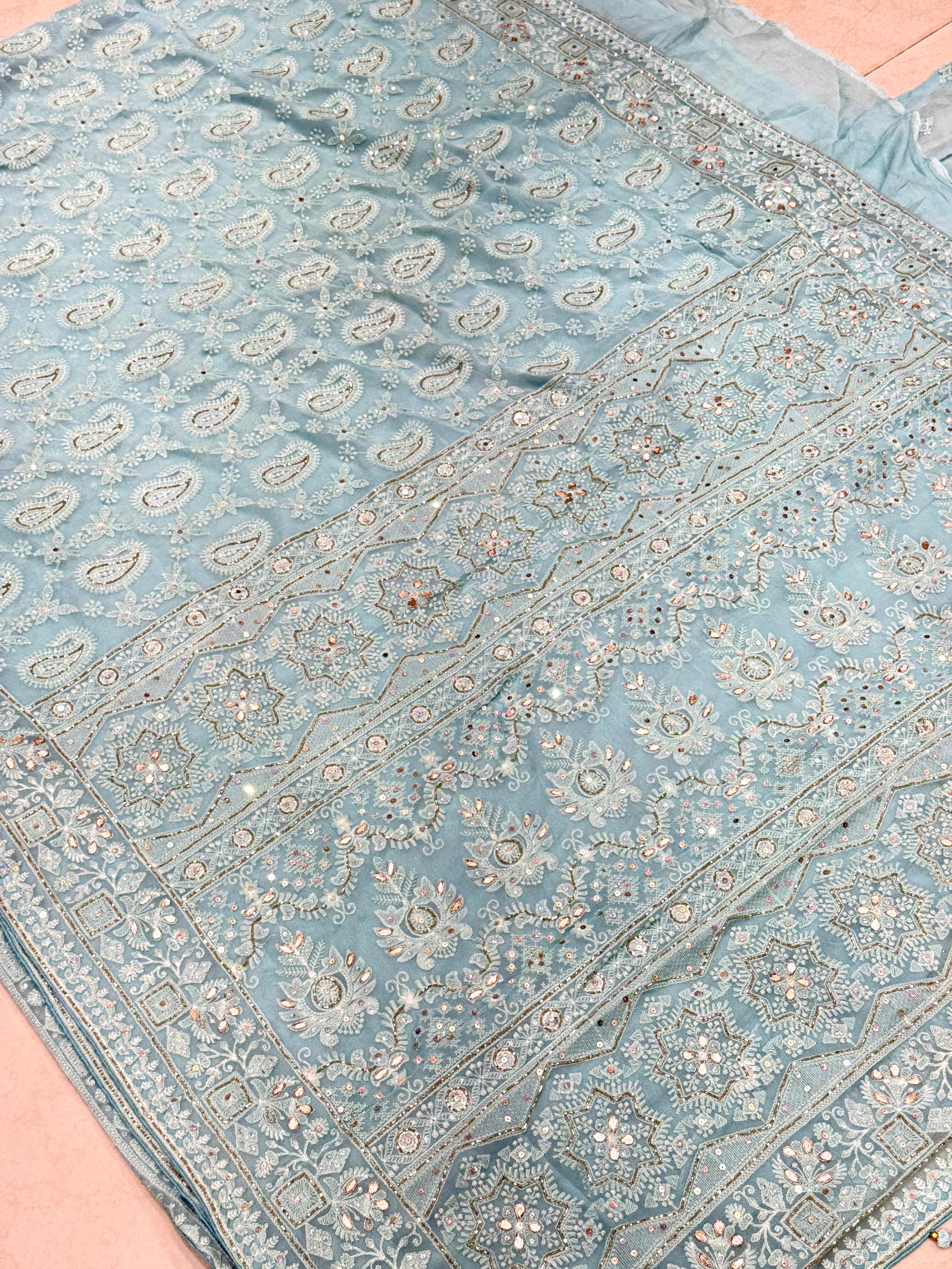 Light Blue Chikankari Design on Georgette with Cutdana Hand Embroidery