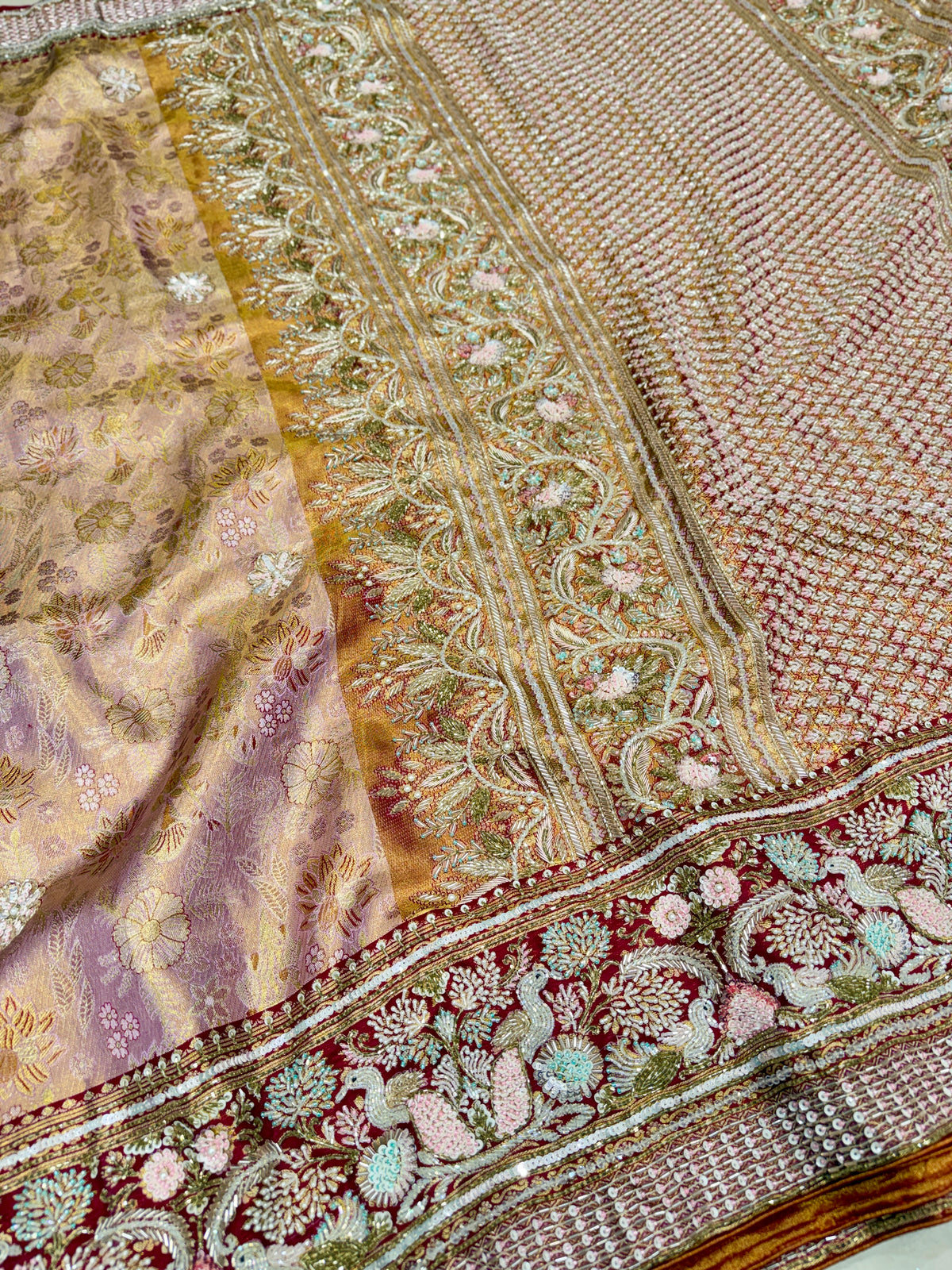 Light Pink Meenakari Jaal Kanjivaram Moti Zardosi Hand Embroidery Saree