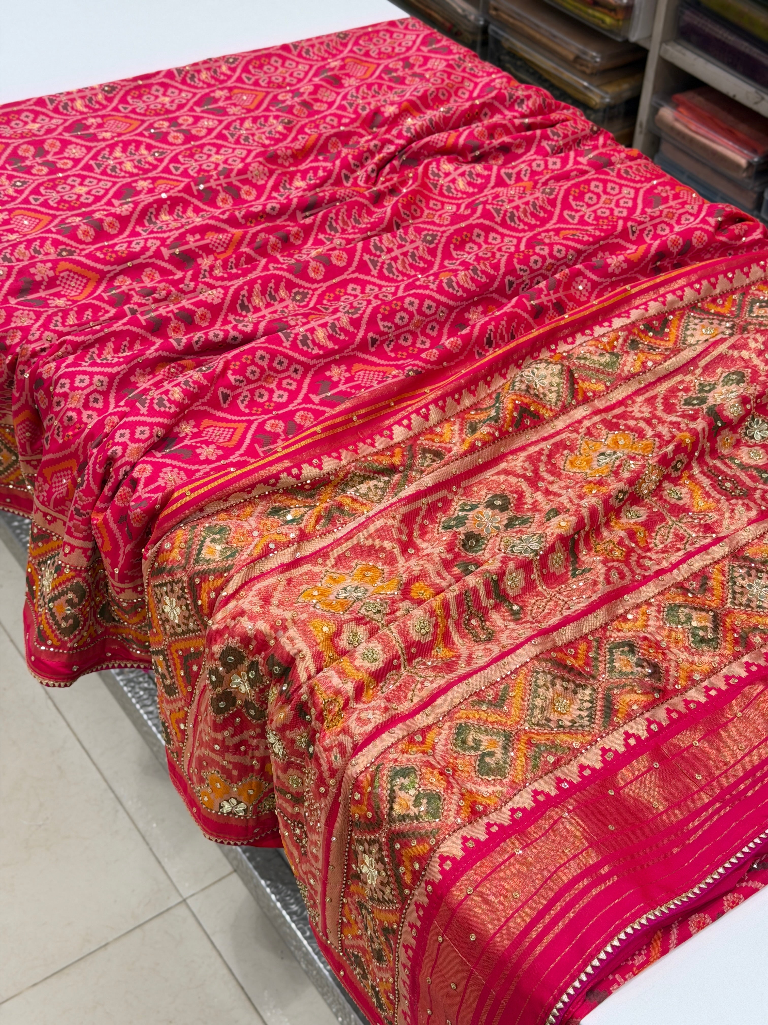 Rani Patola Crown Hand Embroidery Kutchi Style Saree