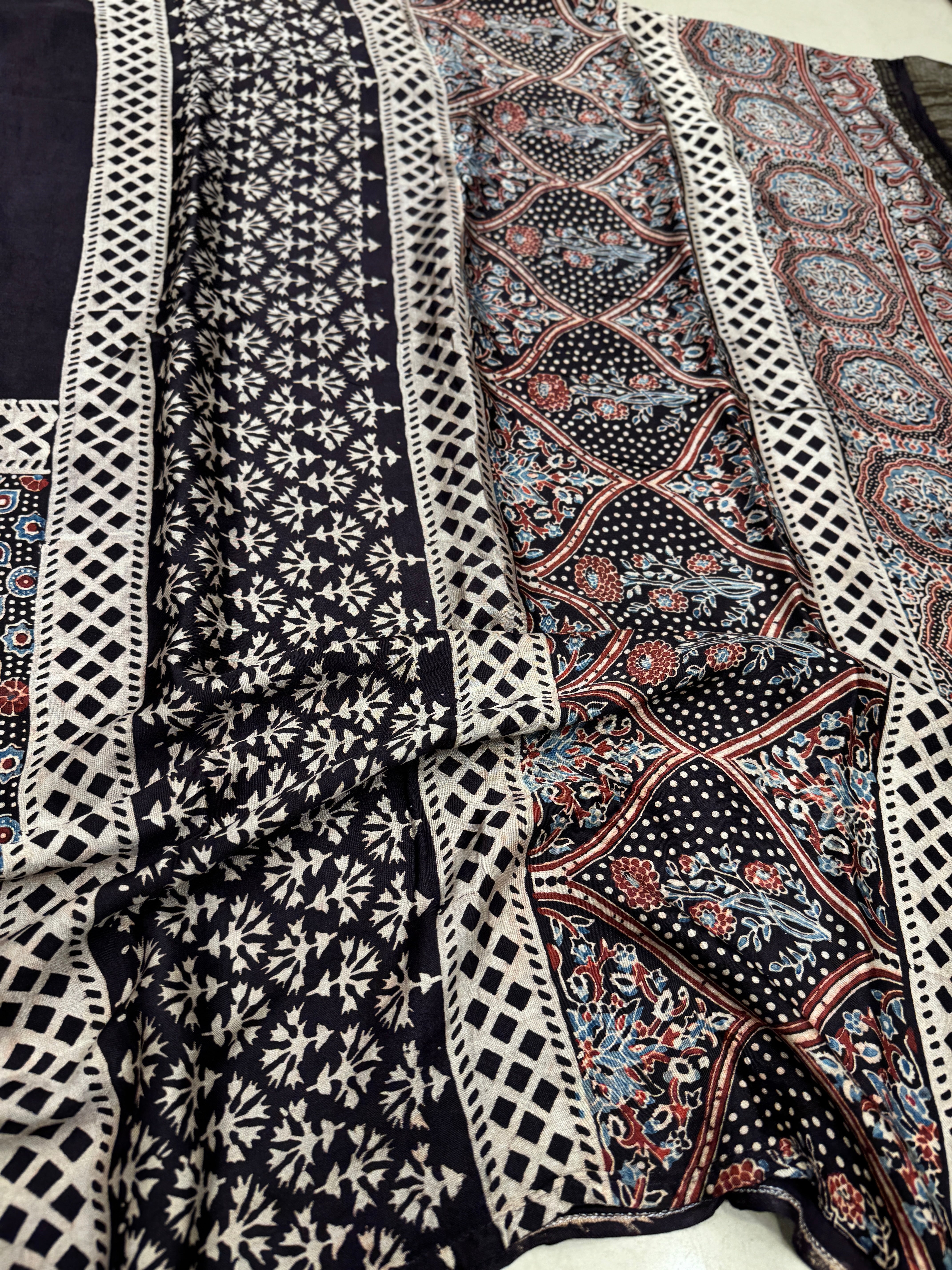Black Check Half Jaal Ajrakh Modal Gajji Silk Saree