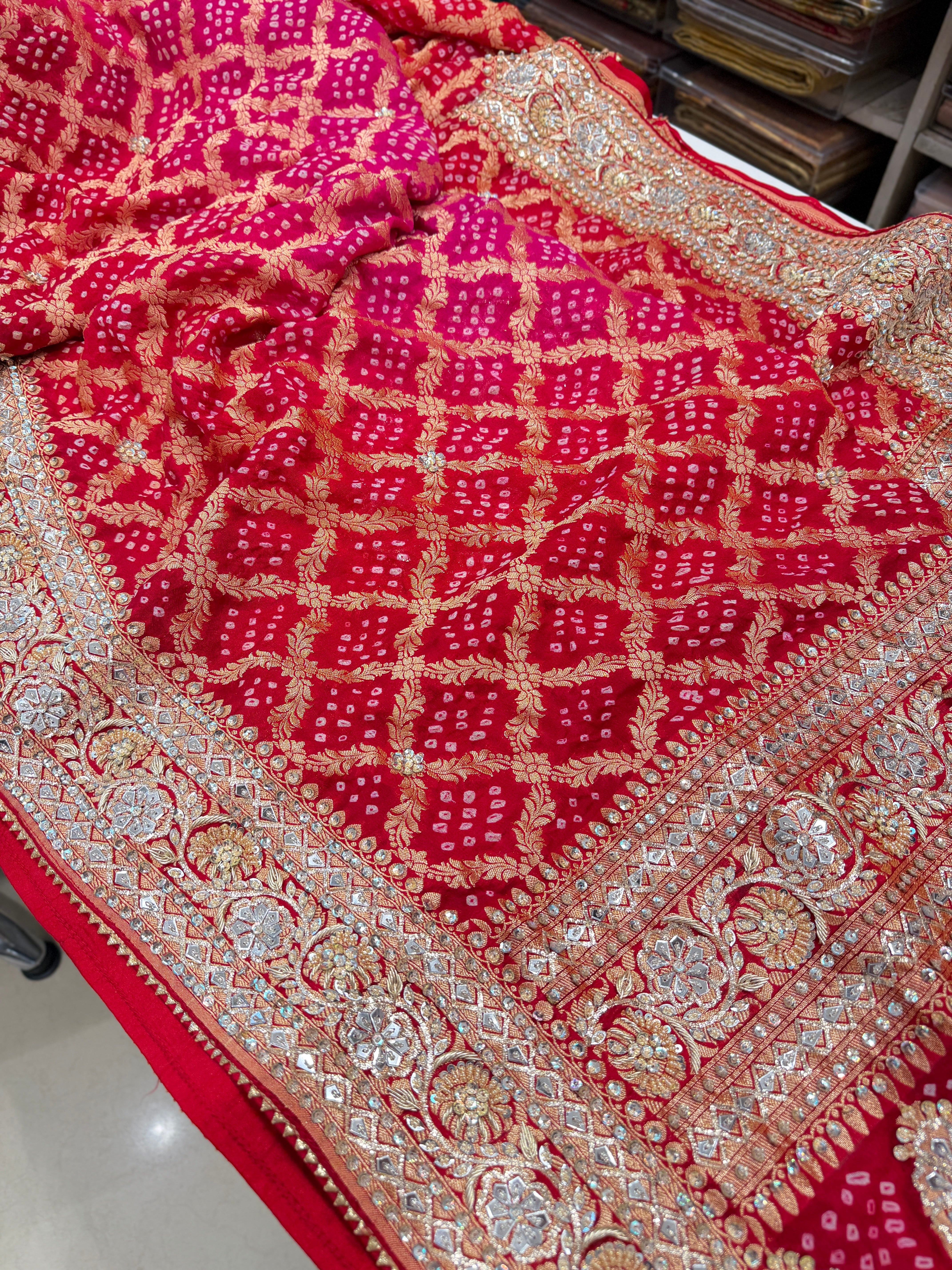 Red Rani Shaded Bandhej Zardosi Pita Hand Embroidery Saree