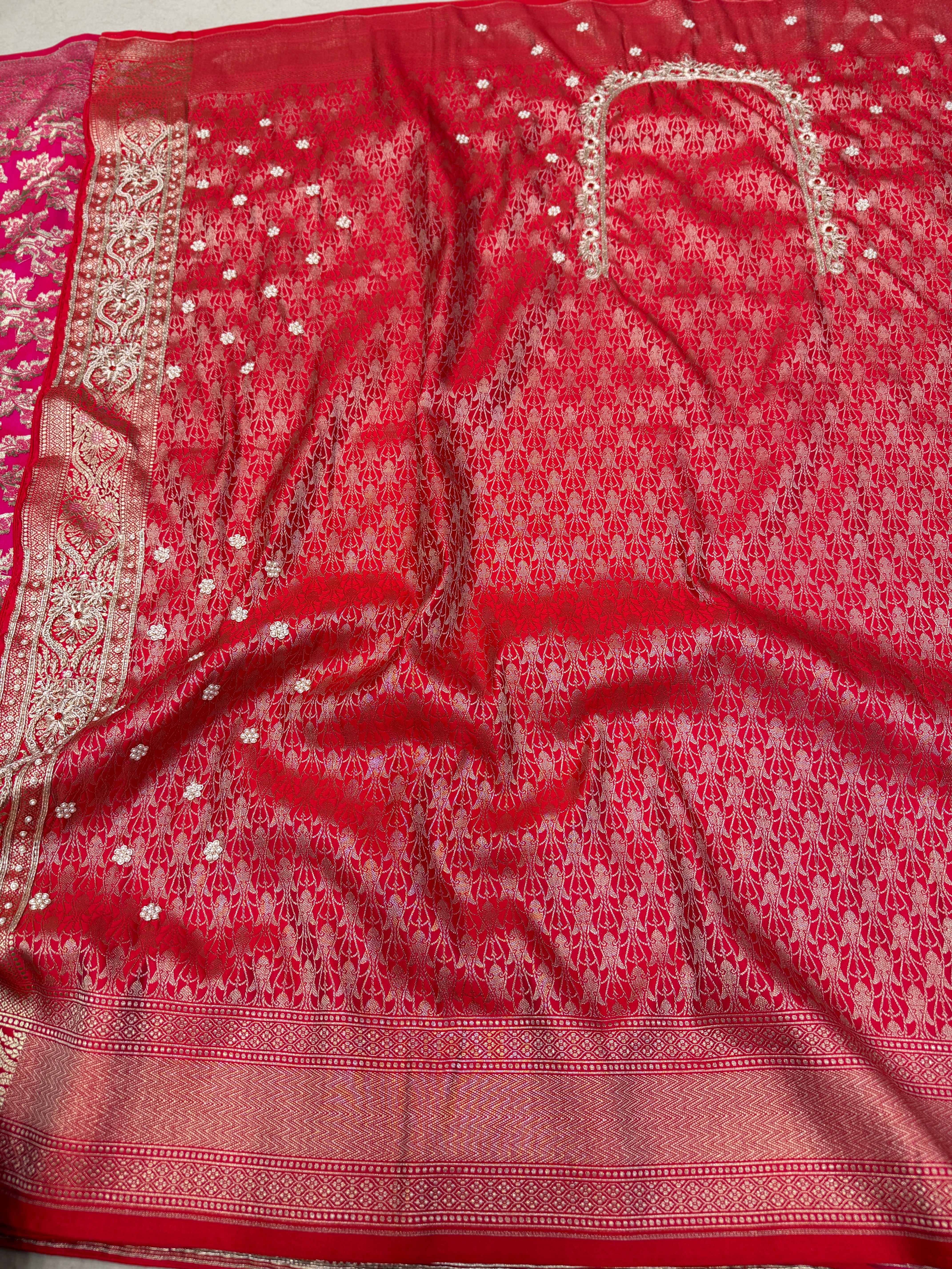 Red Banarasi Periwinkle Jaal Zardosi Crystal Hand Embroidery Saree