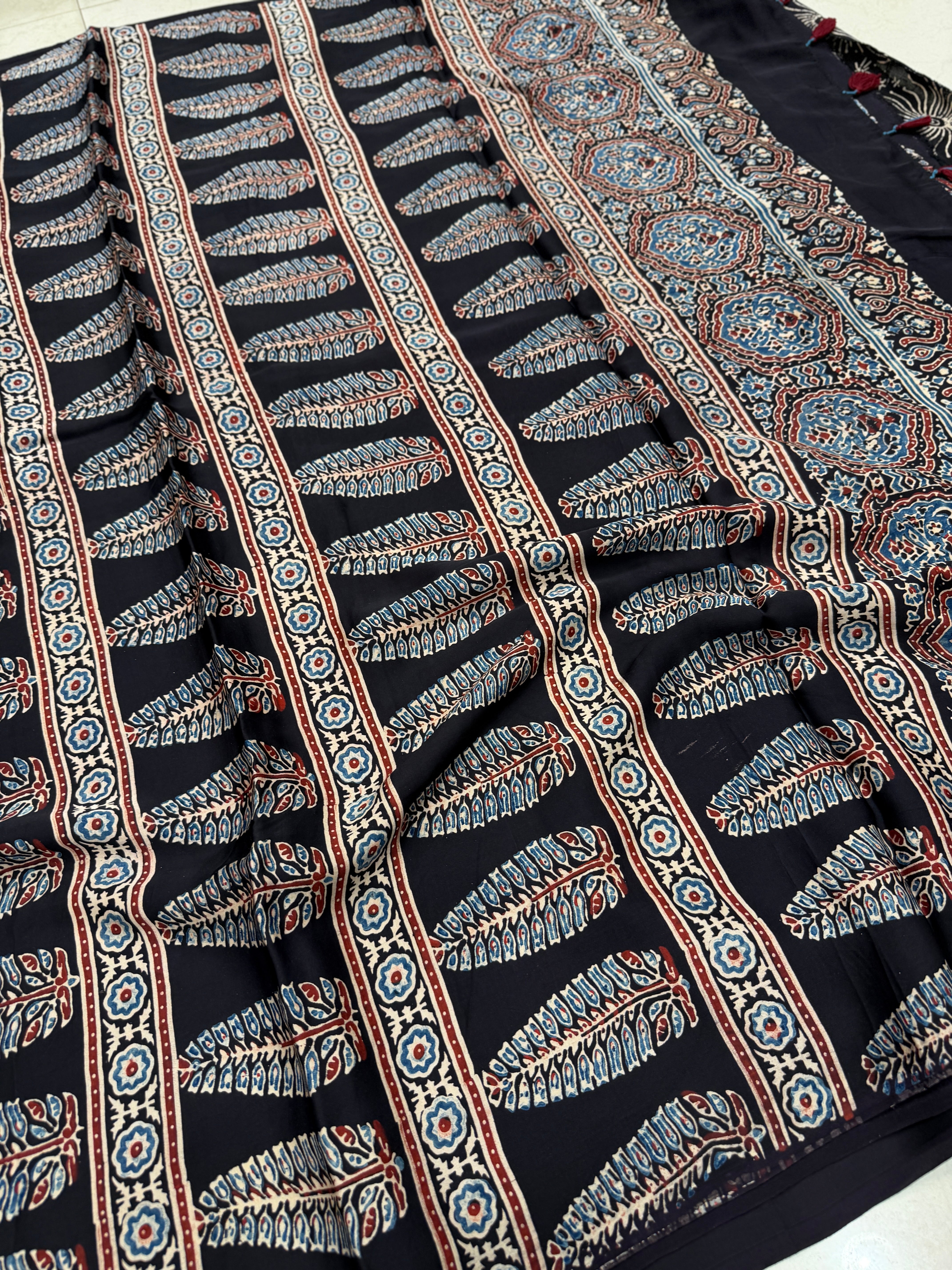 Black Coated Flower Buttis Ajrakh Hand Block Print Pure Modal Silk Saree