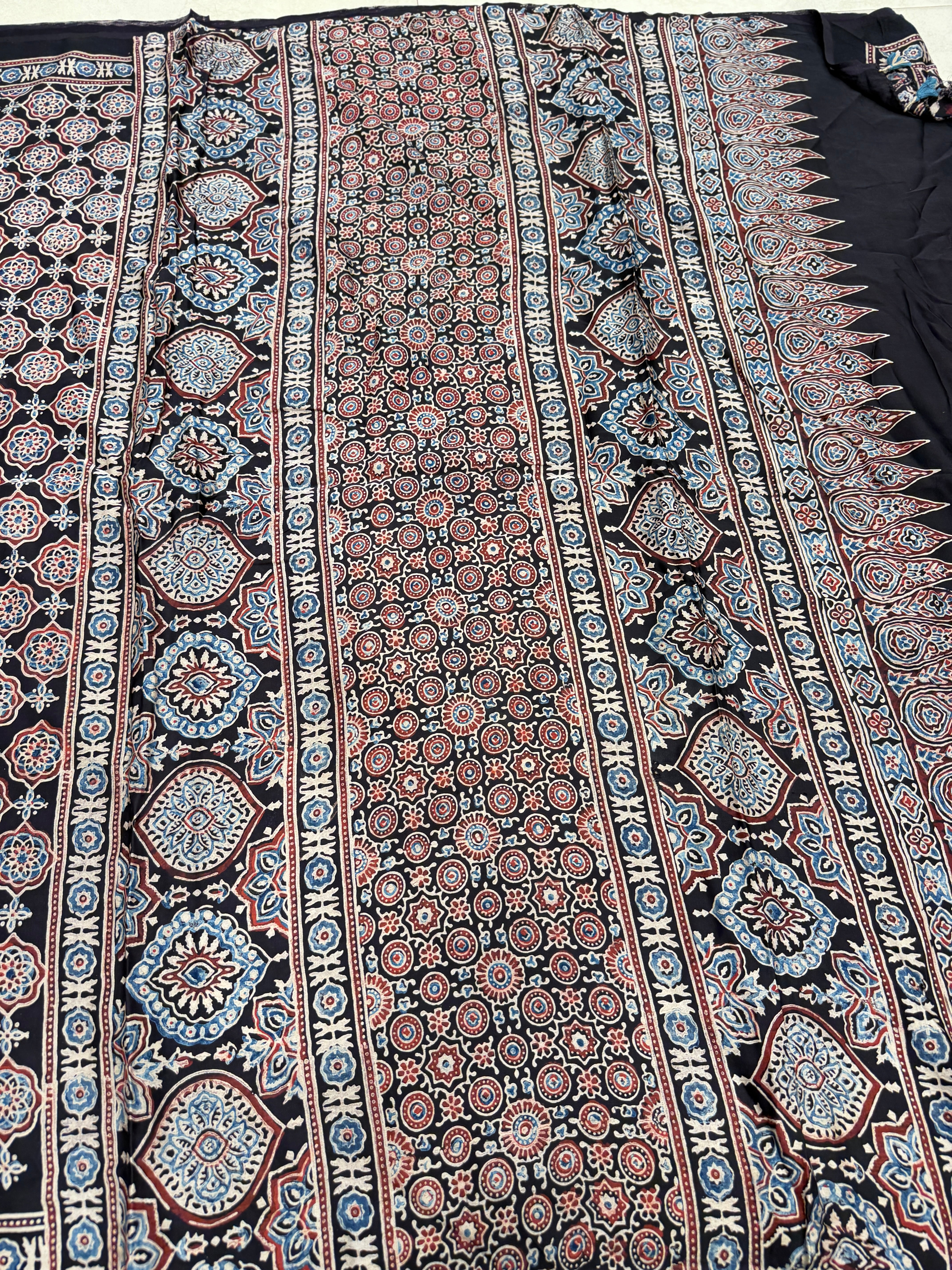Black Jaal Ajrakh Hand Block Print Pure Gajji Silk Saree