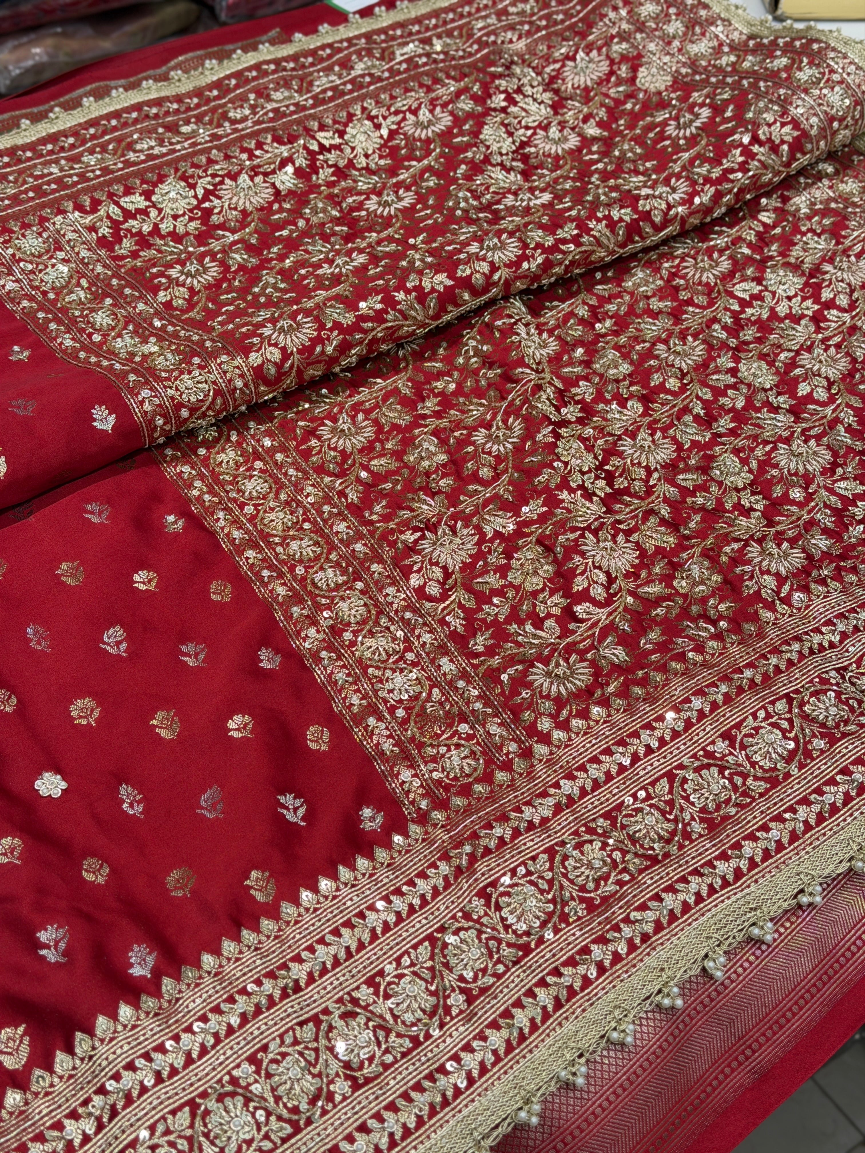 Maroon Banarasi Sona Roopa Buttis Zardosi Hand Embroidery Saree