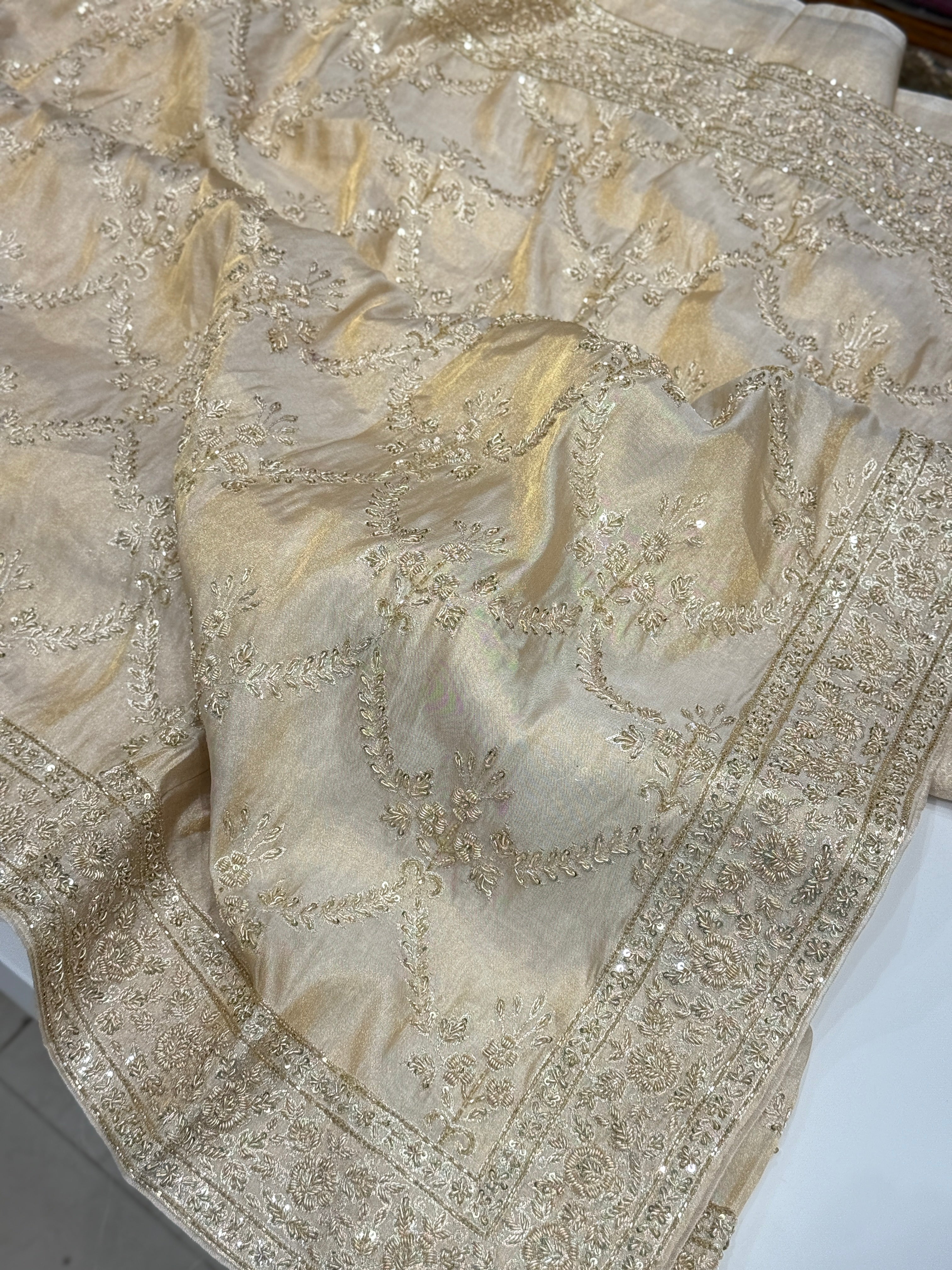 Handloom Tissue Silk Zardosi Hand Embroidery Jaal Saree