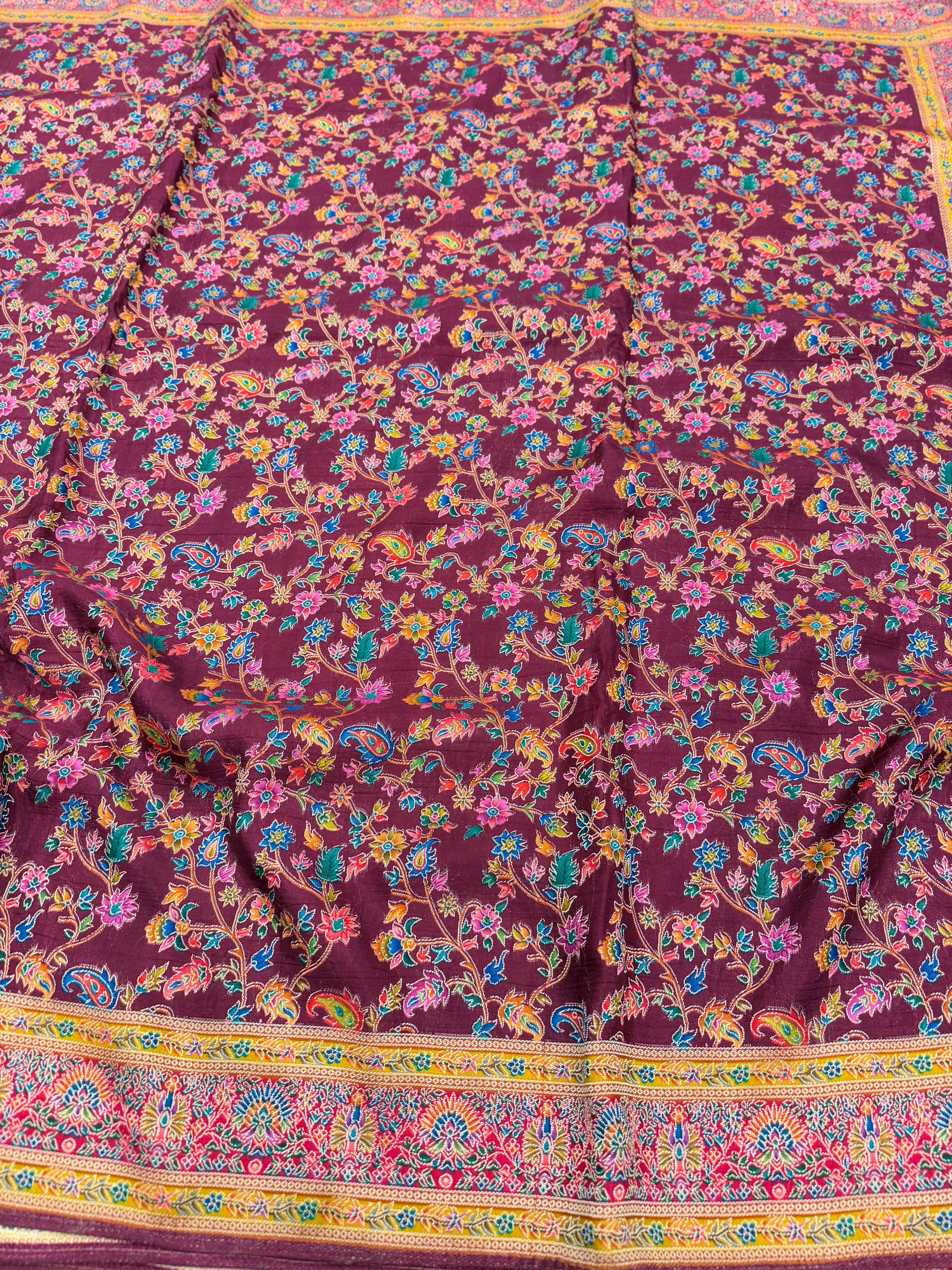 Maroonish Wine Weaved Pashmina Style Multi Colour Saree