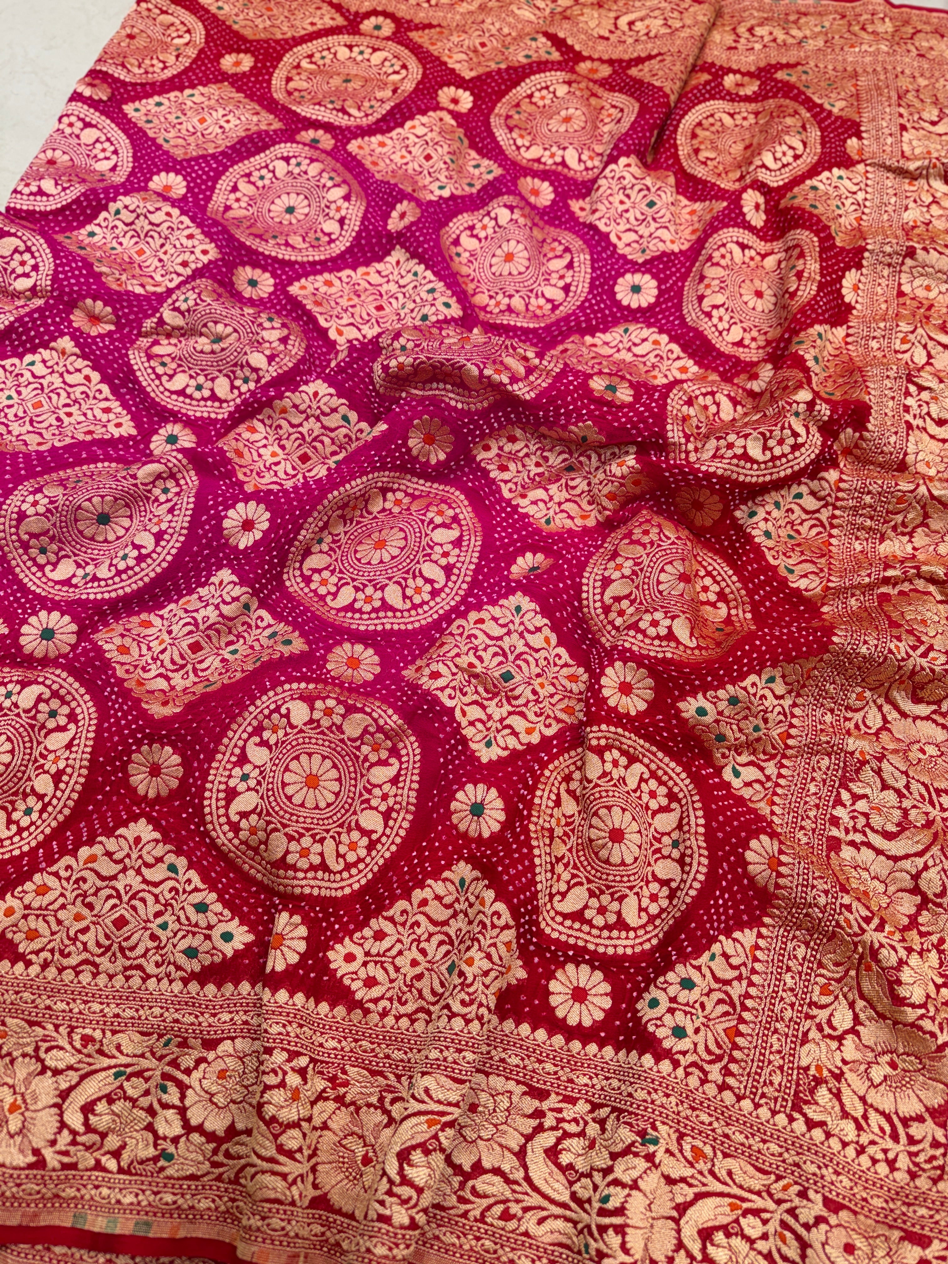 Shaded Rani Red Meenakari Pure Handloom Rai Bandhej Saree