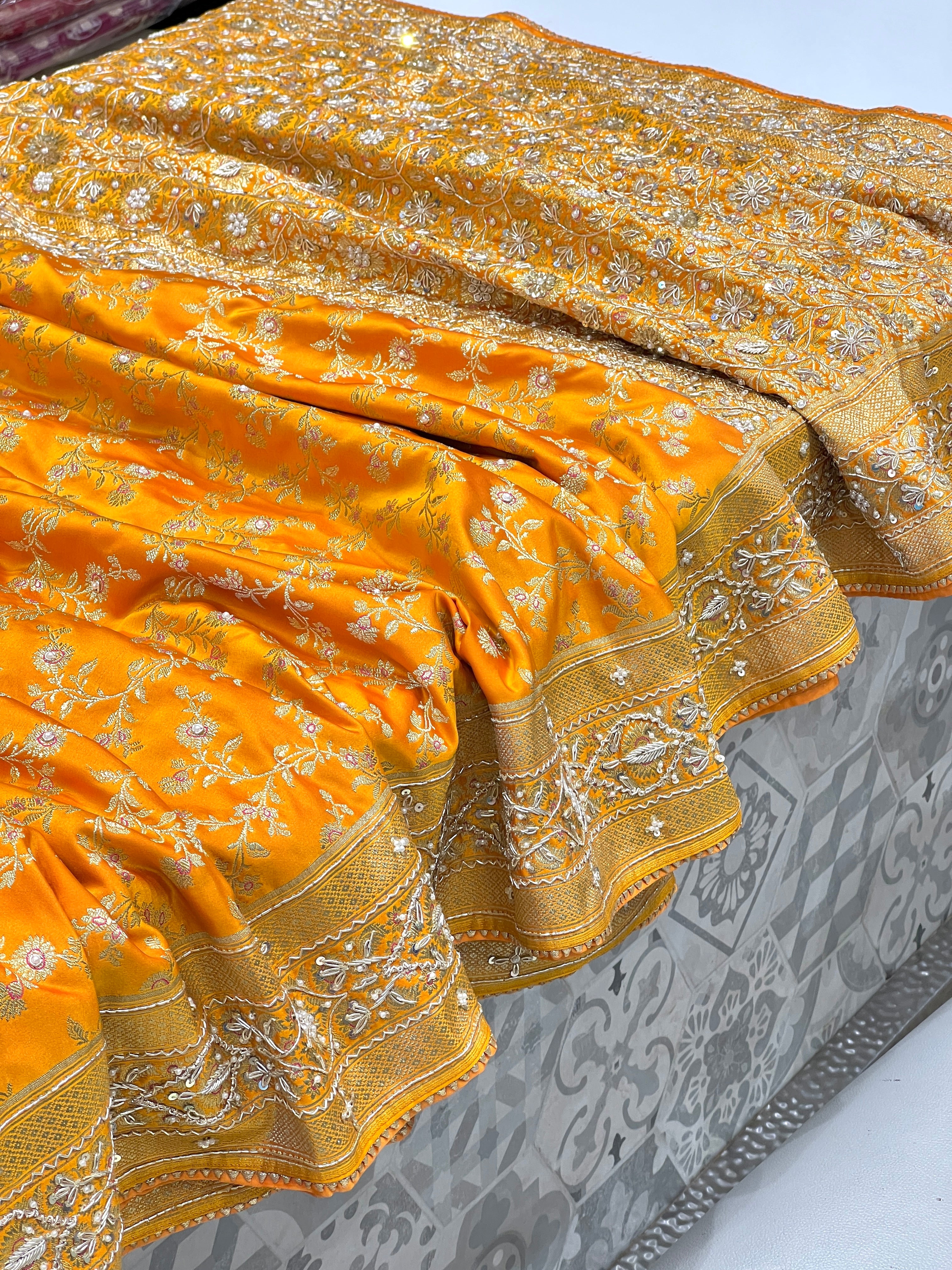 Mango Yellow Banarasi Flower Border Hand Embroidery Saree