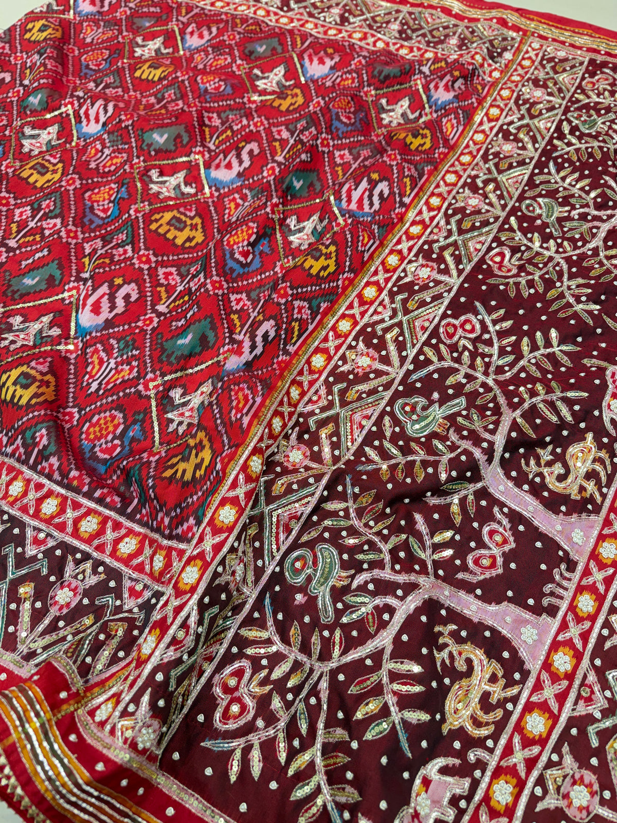 Red Handloom Patan Patola Hand Embroidery Pita Zardosi Saree