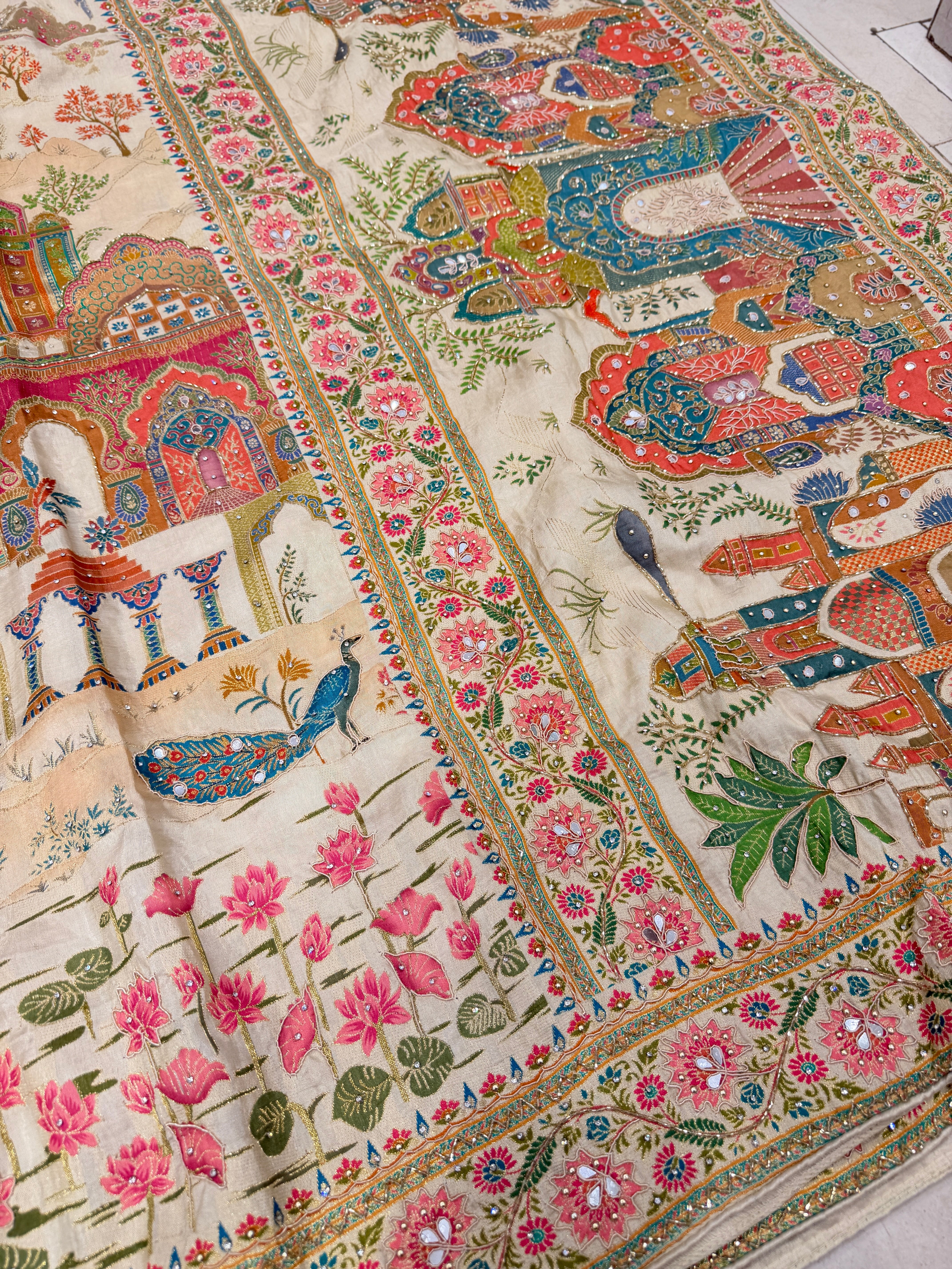 Beige Palace Landscape Hand Embroidery Pashmina Saree