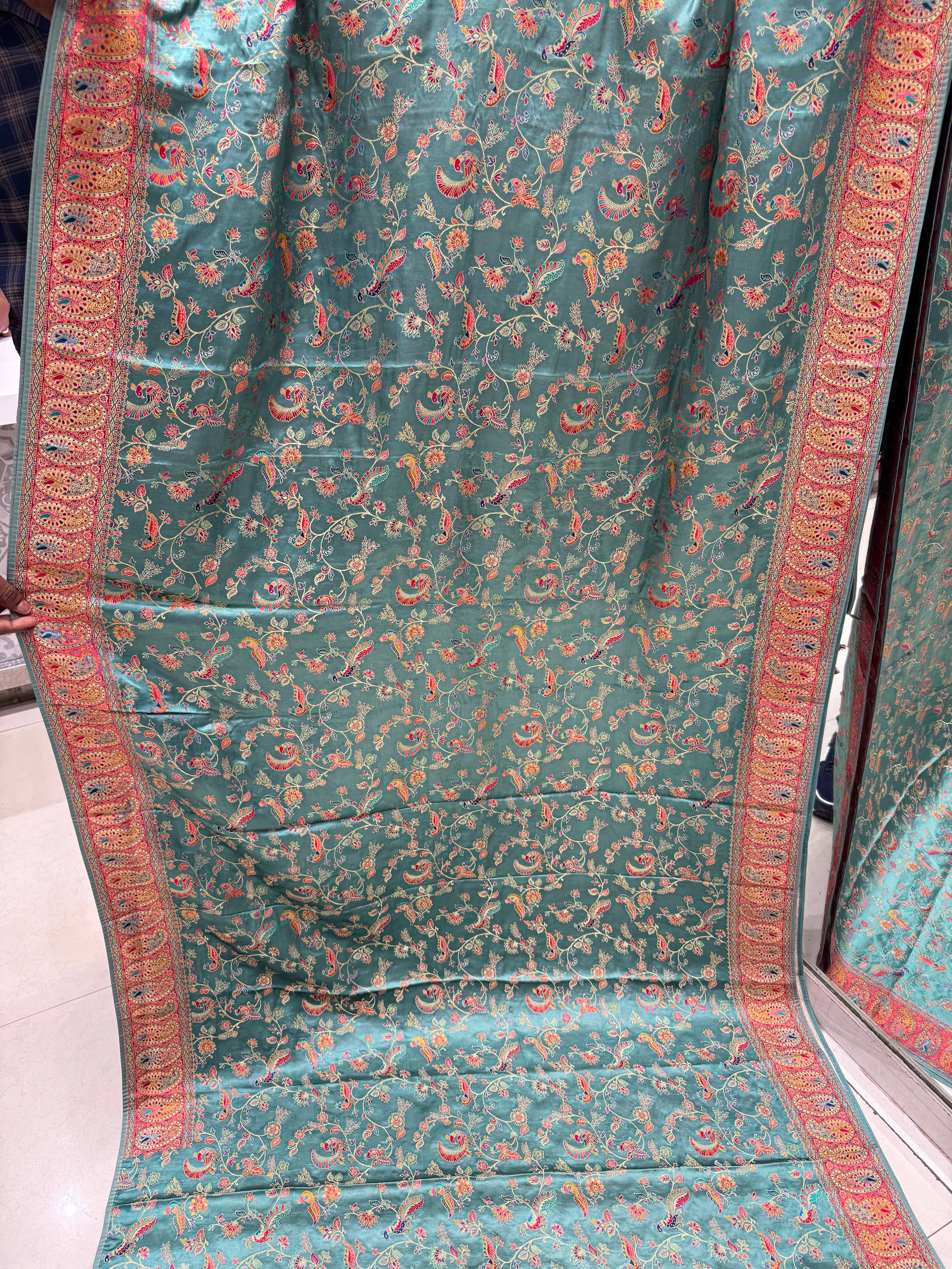 Firozi Banarasi Modal Satin Pashmina Style Jaal Saree