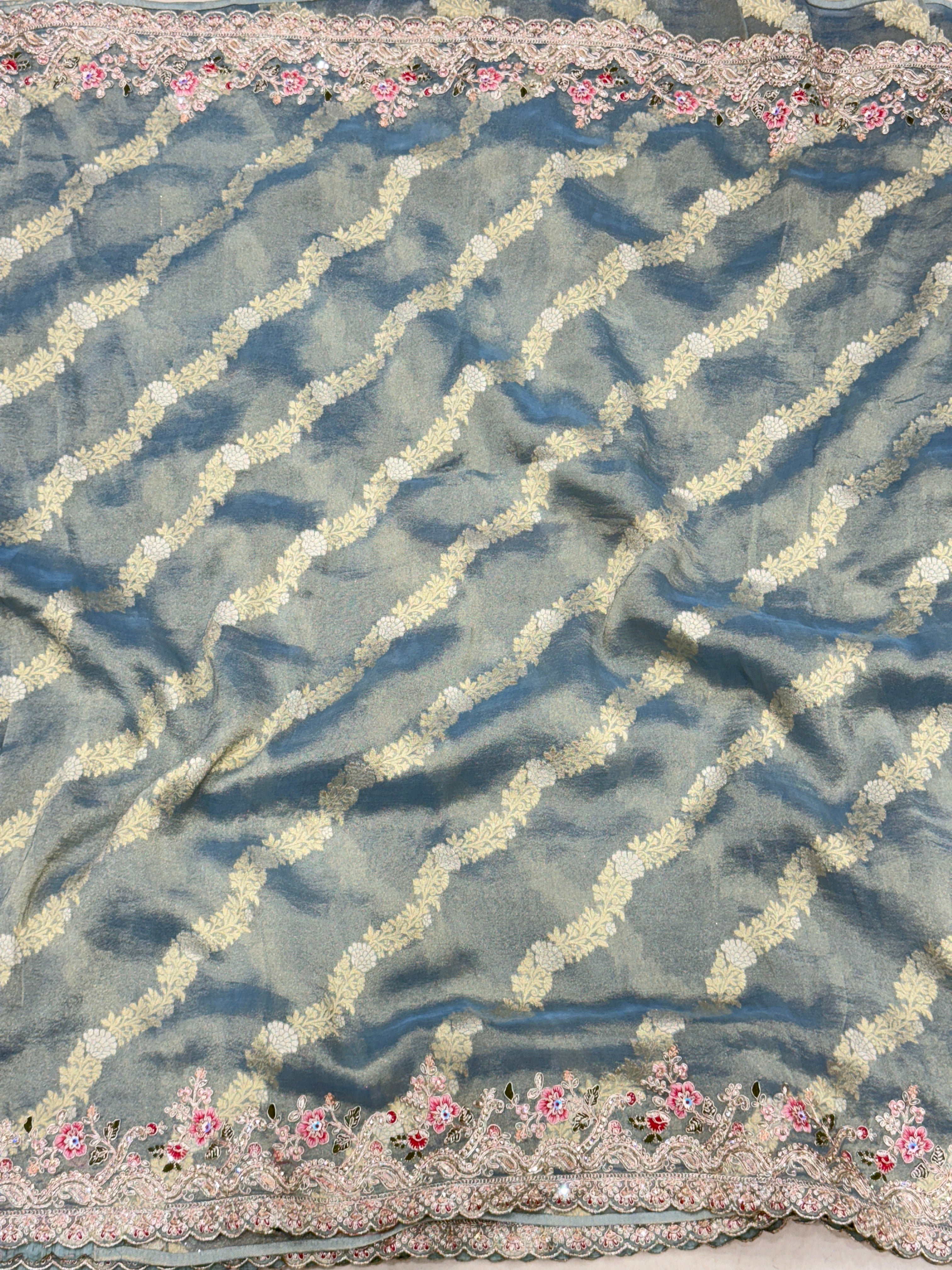 Sea Blue Tissue Weaved Resham Zari Embroidery Saree