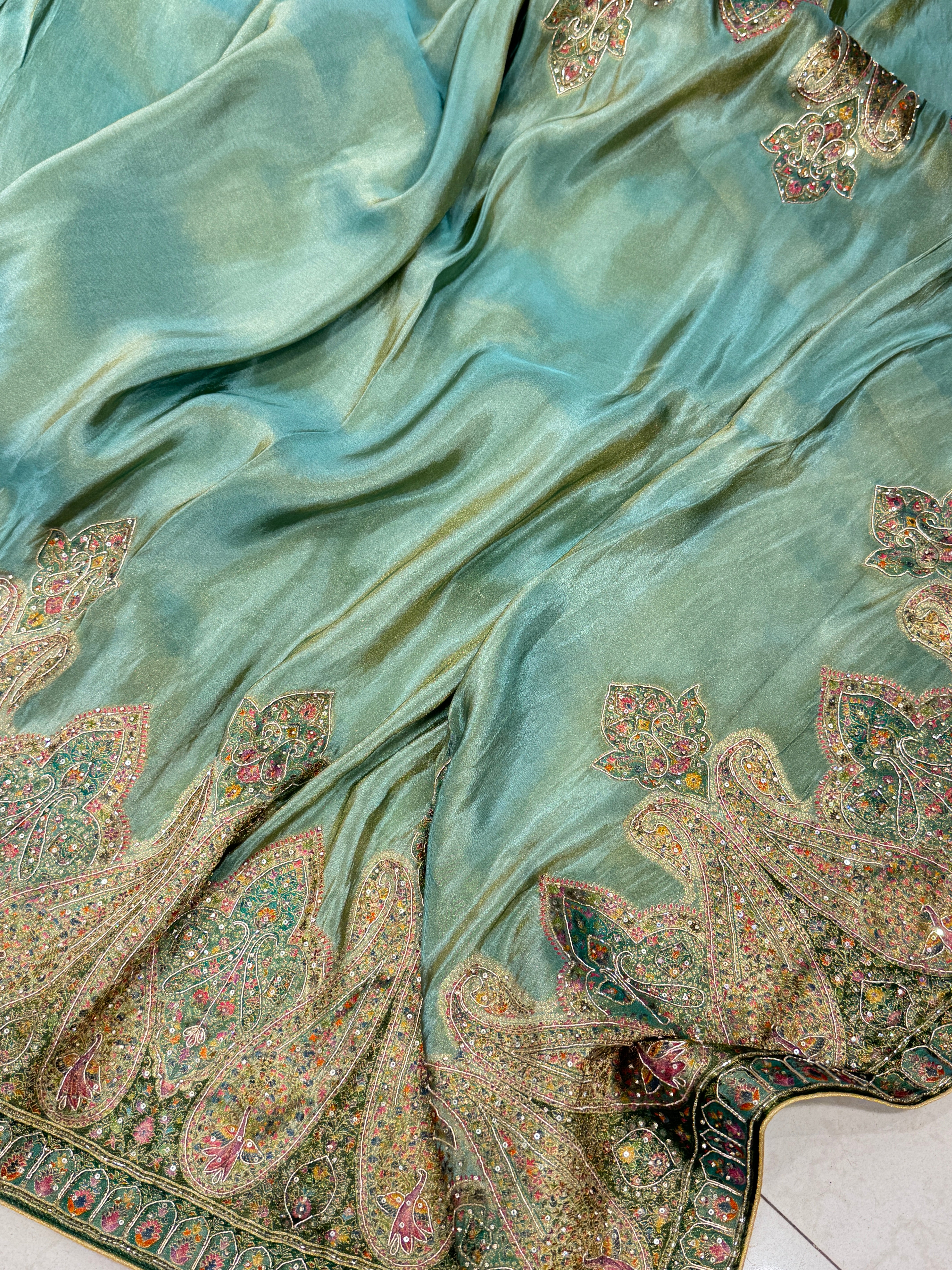 Sea Green Crepe Tissue Pashmina Style Embroidery Saree