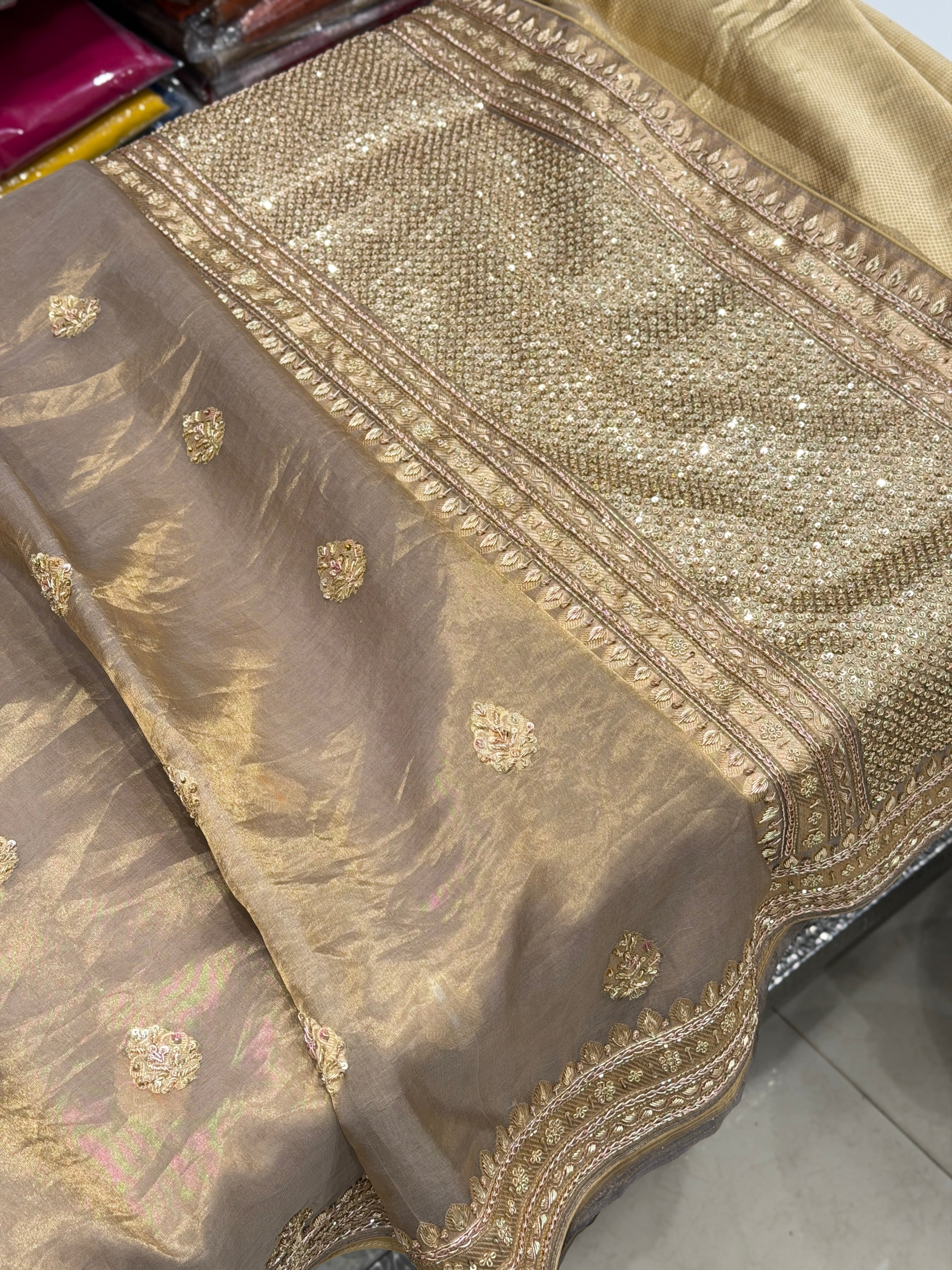 Champagne Meenakari Banarasi Tissue Handloom Kadwa Weave Zardosi Embroidery Saree