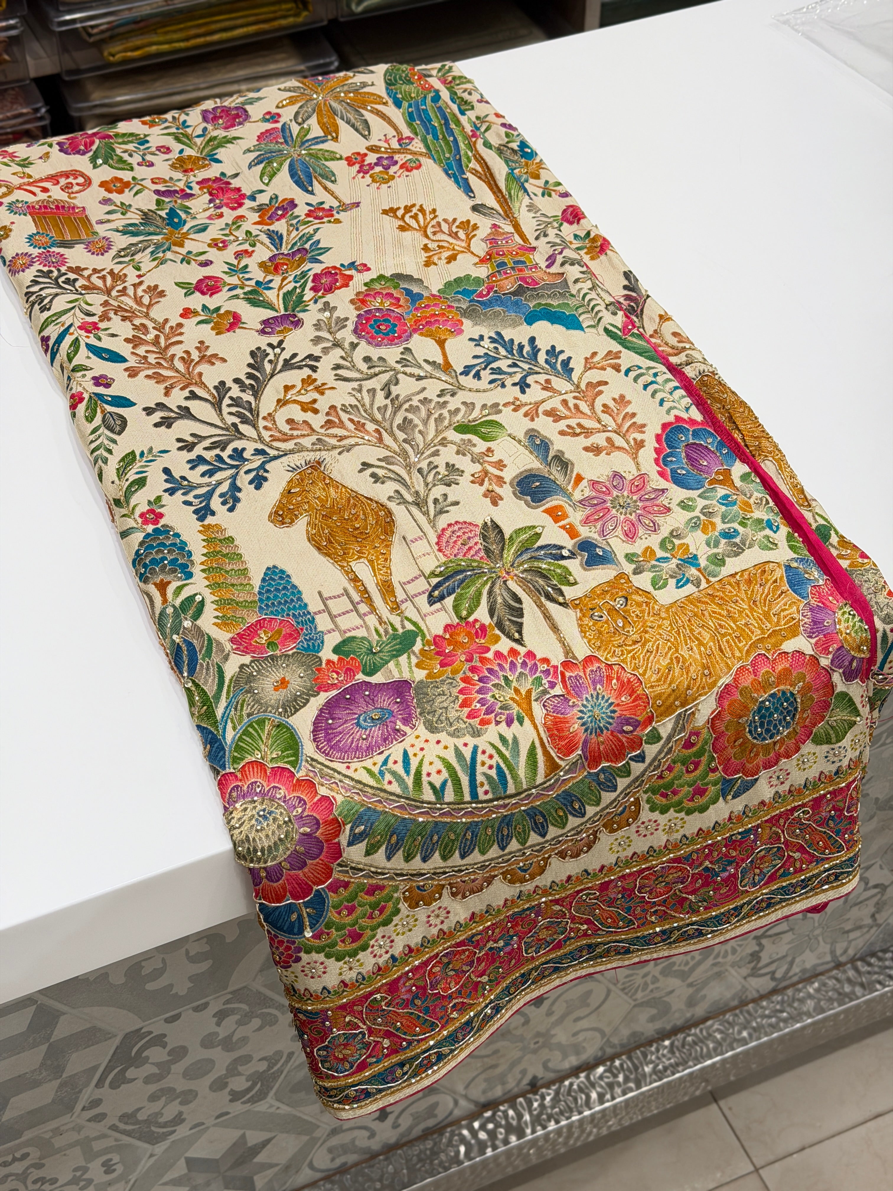 Beige Munga Forrest Essential Theme Pashmina Munga Hand Embroidery Saree