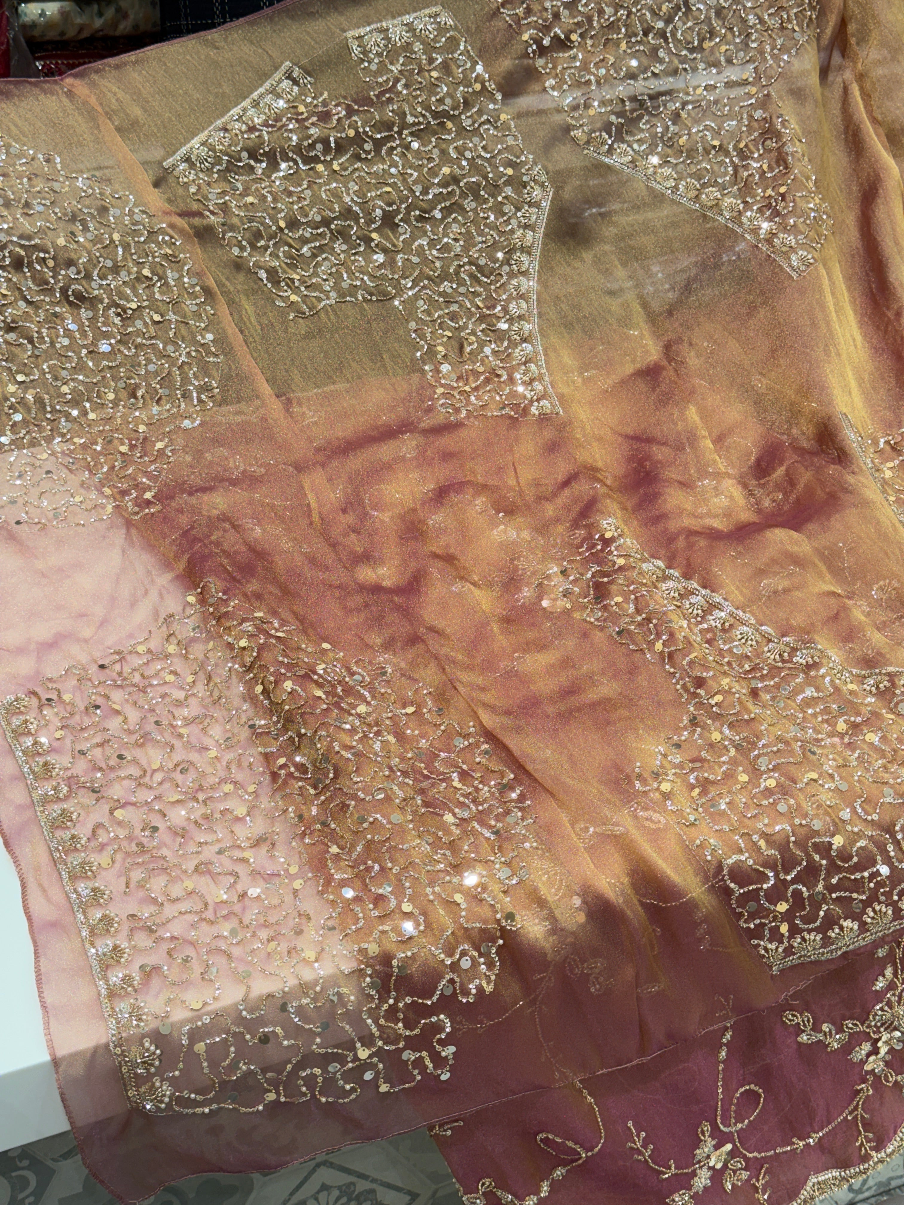 Peach Soft Tissue Moti Embroidery Jaal Saree