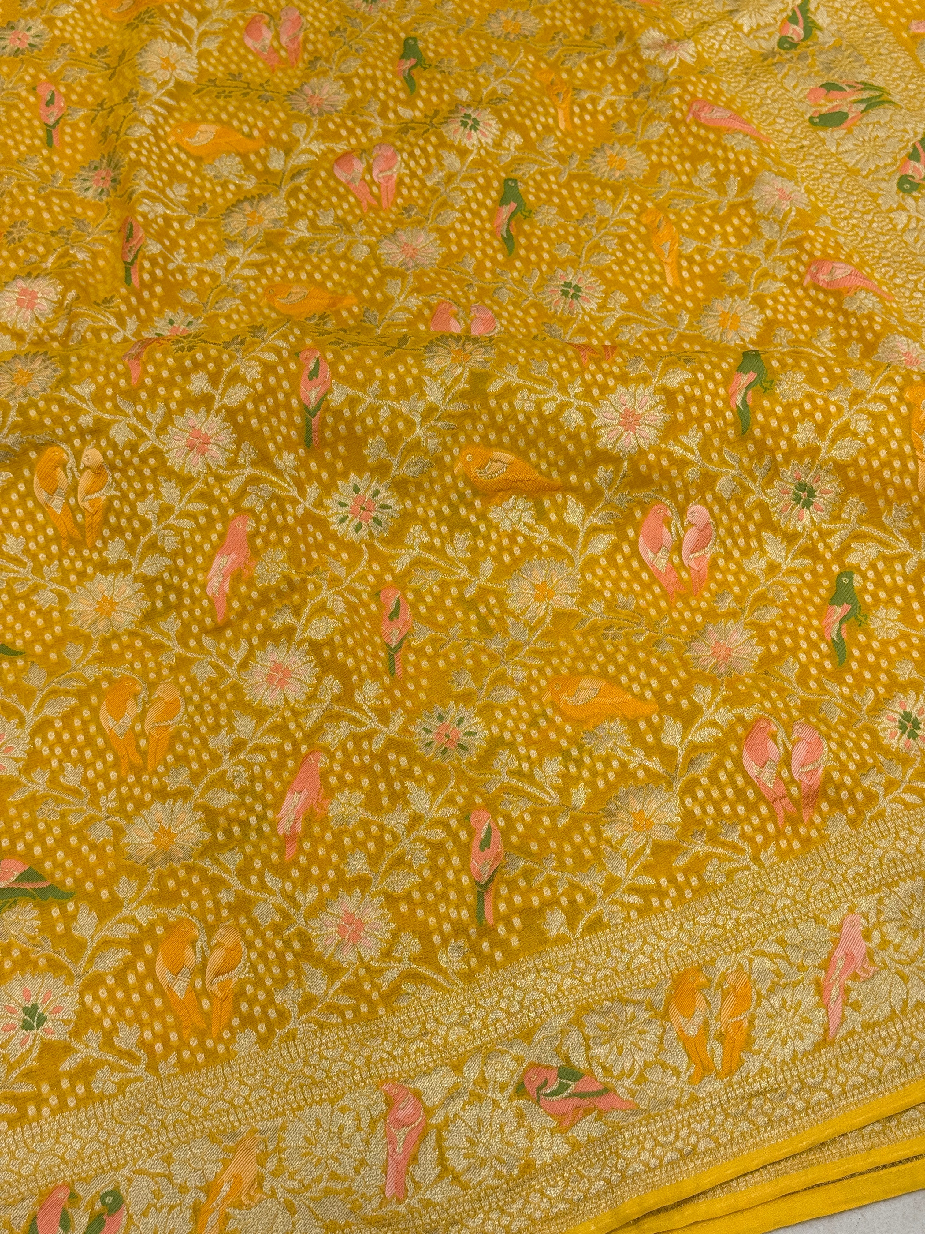 Yellow Woven Bandhej Meenakari Parrot Motif Saree