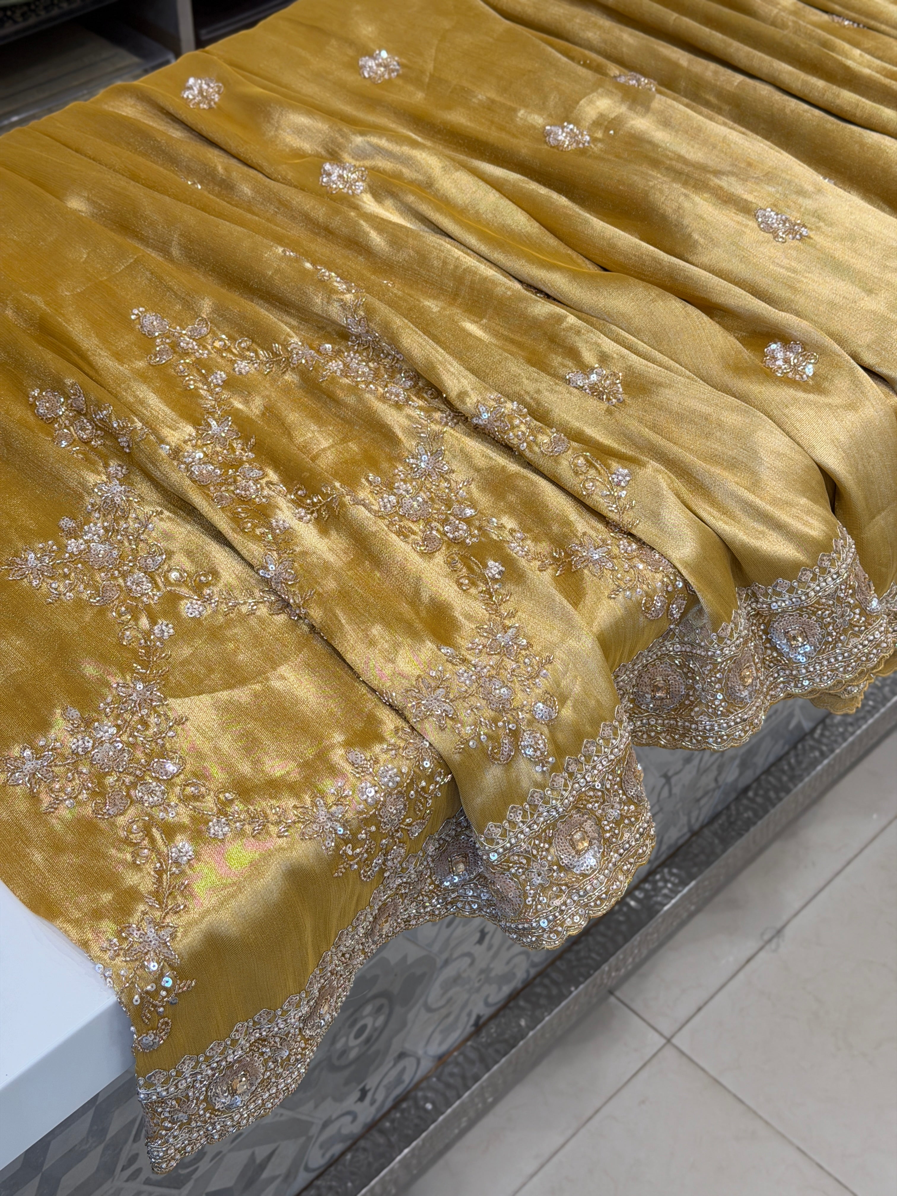 Yellow Tissue Half and Half Embroidery Cutdana Moti Jaal Saree